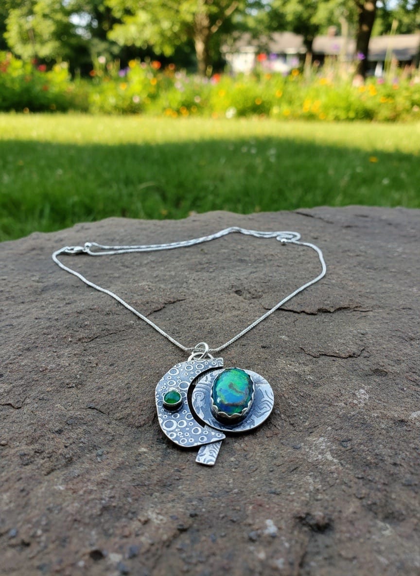 Into Orbit one-of-a-kind Monarch Opal and green Onyx necklace handcrafted in layered textured sterling silver by Christine Keller