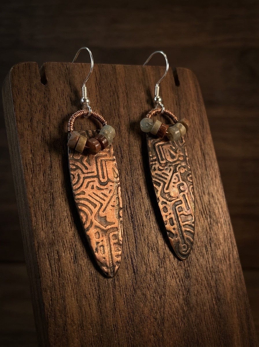 Handcrafted patterned copper jasper statement earrings with earthy textures