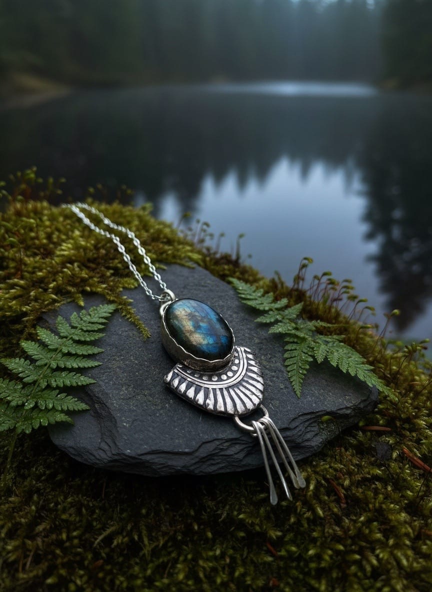 Northern Echo one-of-a-kind sterling silver labradorite pendant featuring an antique die-pressed silver fan and handcrafted tassels on a 24-inch adjustable chain.