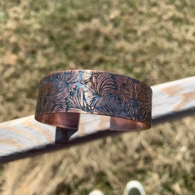 'Layers of Ginkgo Leaves' Narrow Copper Cuff