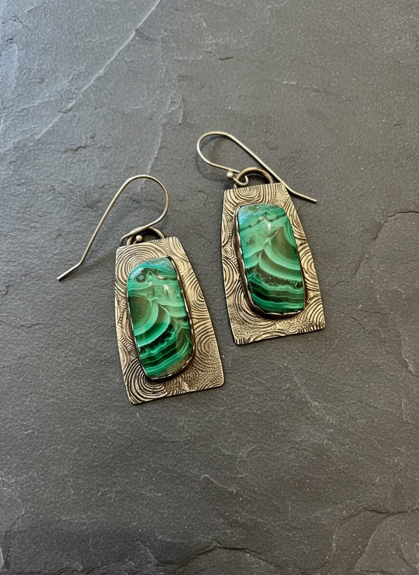 One-of-a-kind sterling silver earrings featuring natural malachite gemstones with handcrafted sterling silver earwires by Christine Keller.