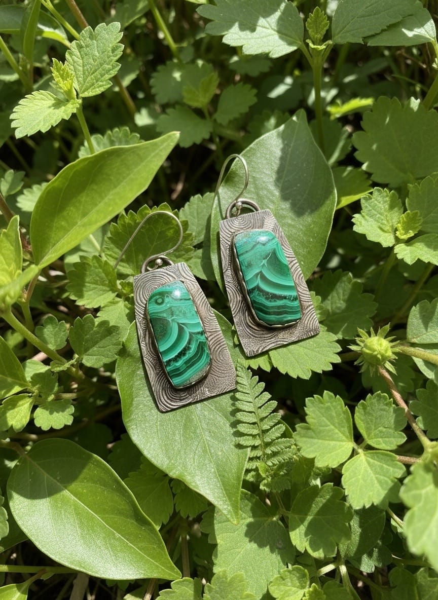 One-of-a-kind sterling silver earrings featuring natural malachite gemstones with handcrafted sterling silver earwires by Christine Keller.