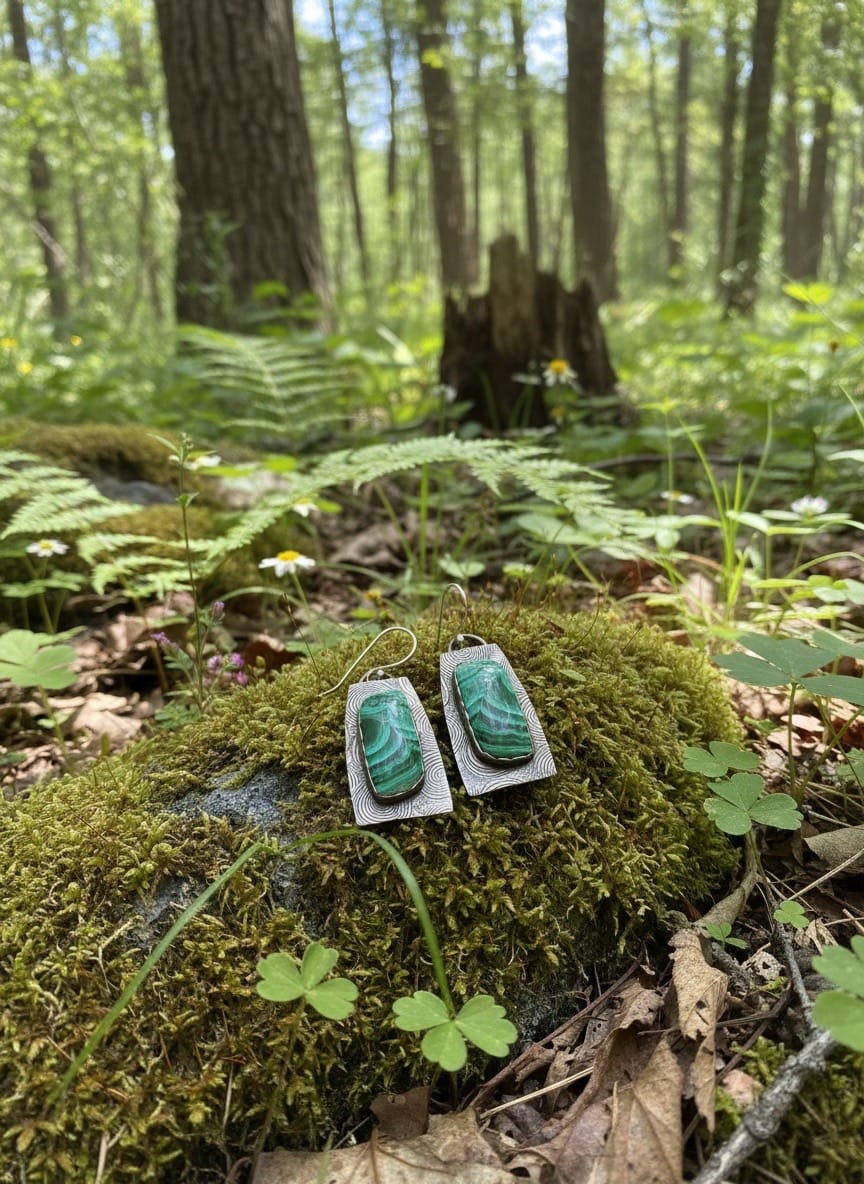 One-of-a-kind sterling silver earrings featuring natural malachite gemstones with handcrafted sterling silver earwires by Christine Keller.