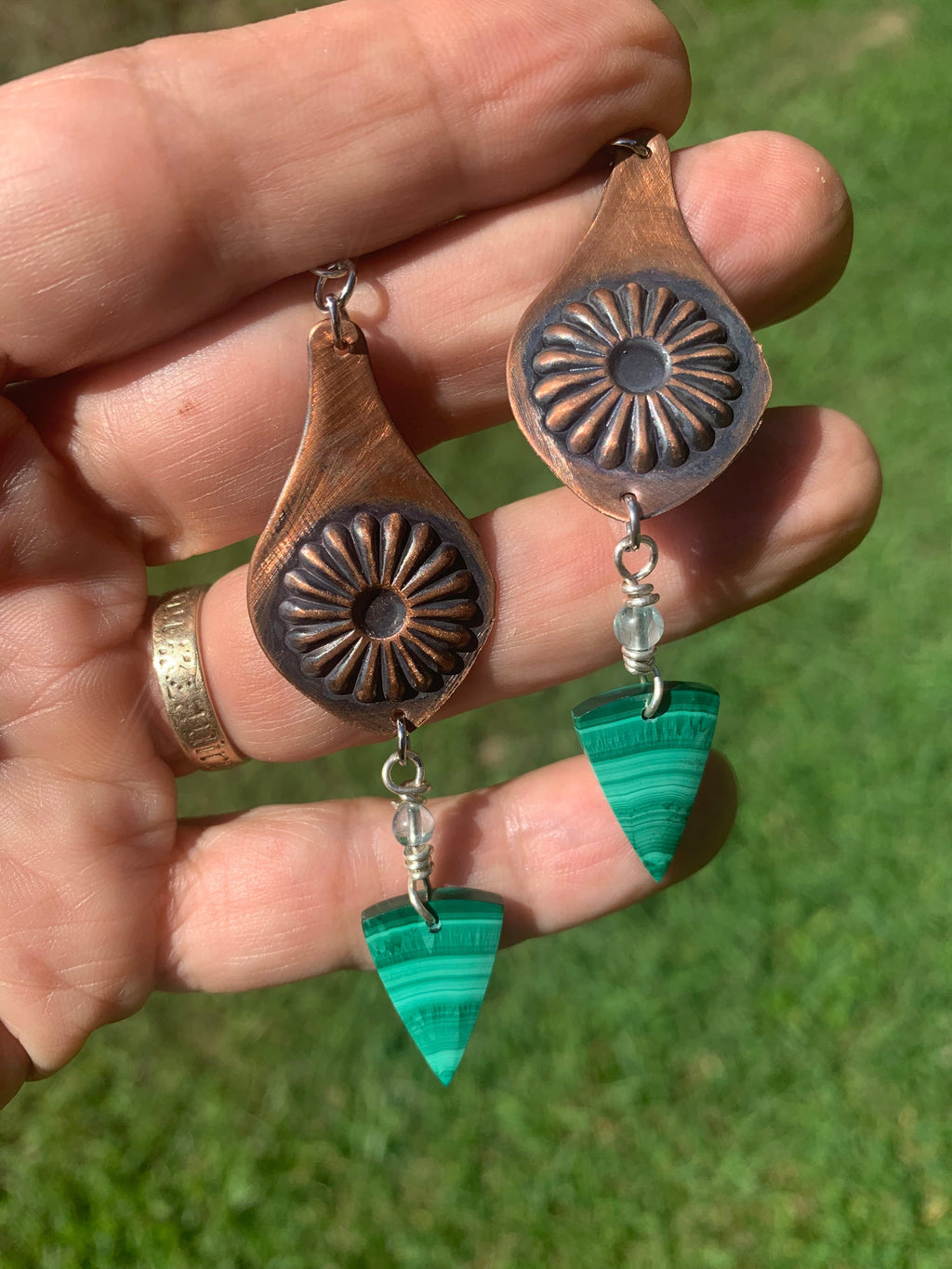 Malachite drop earrings with copper and floral details