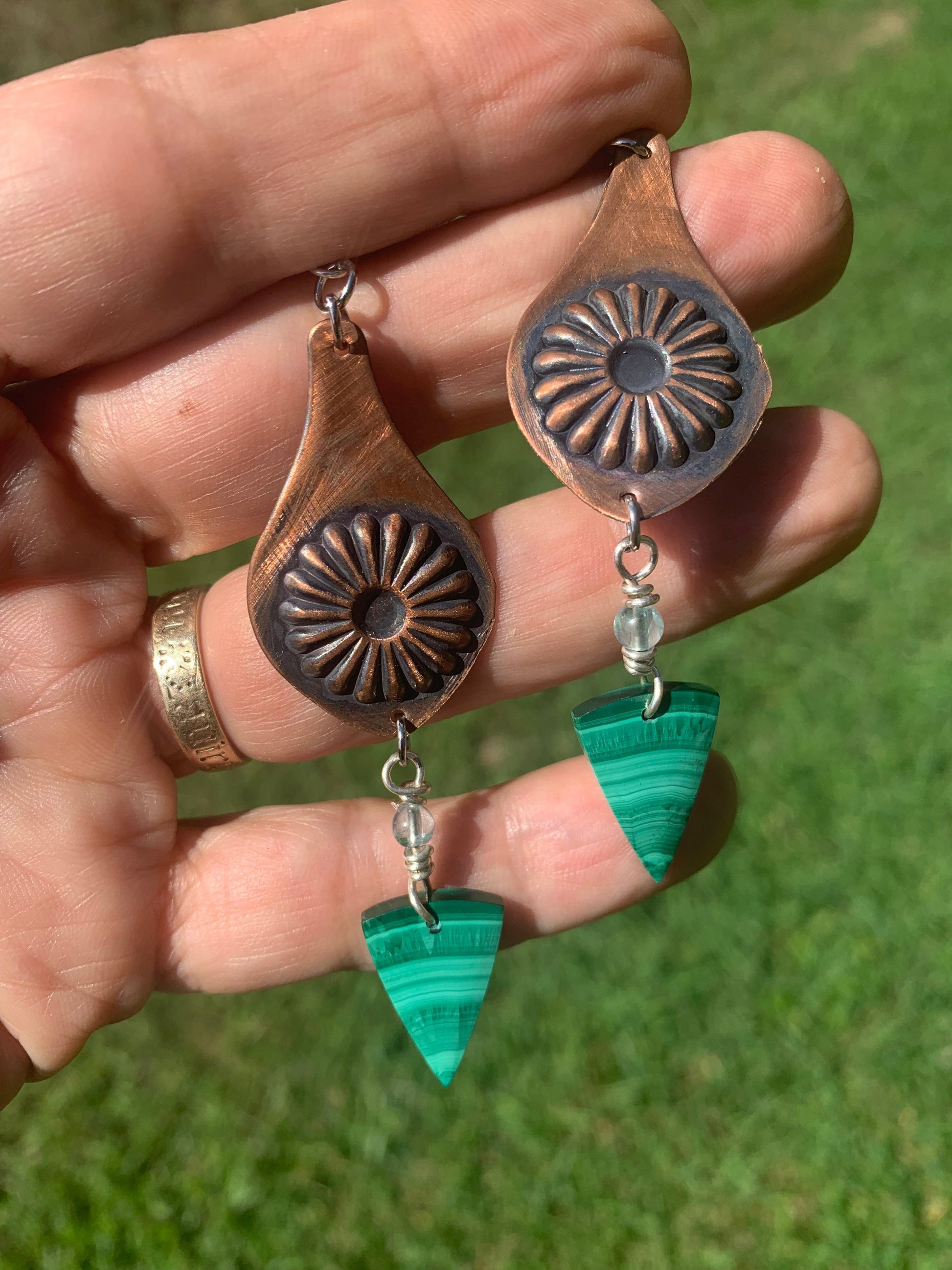 Malachite drop earrings with copper and floral details