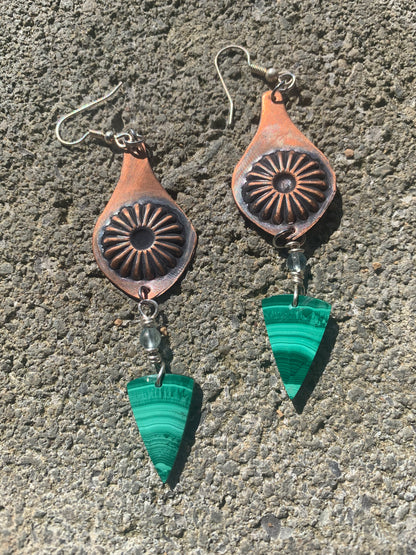 Malachite Drop Copper Textured earrings