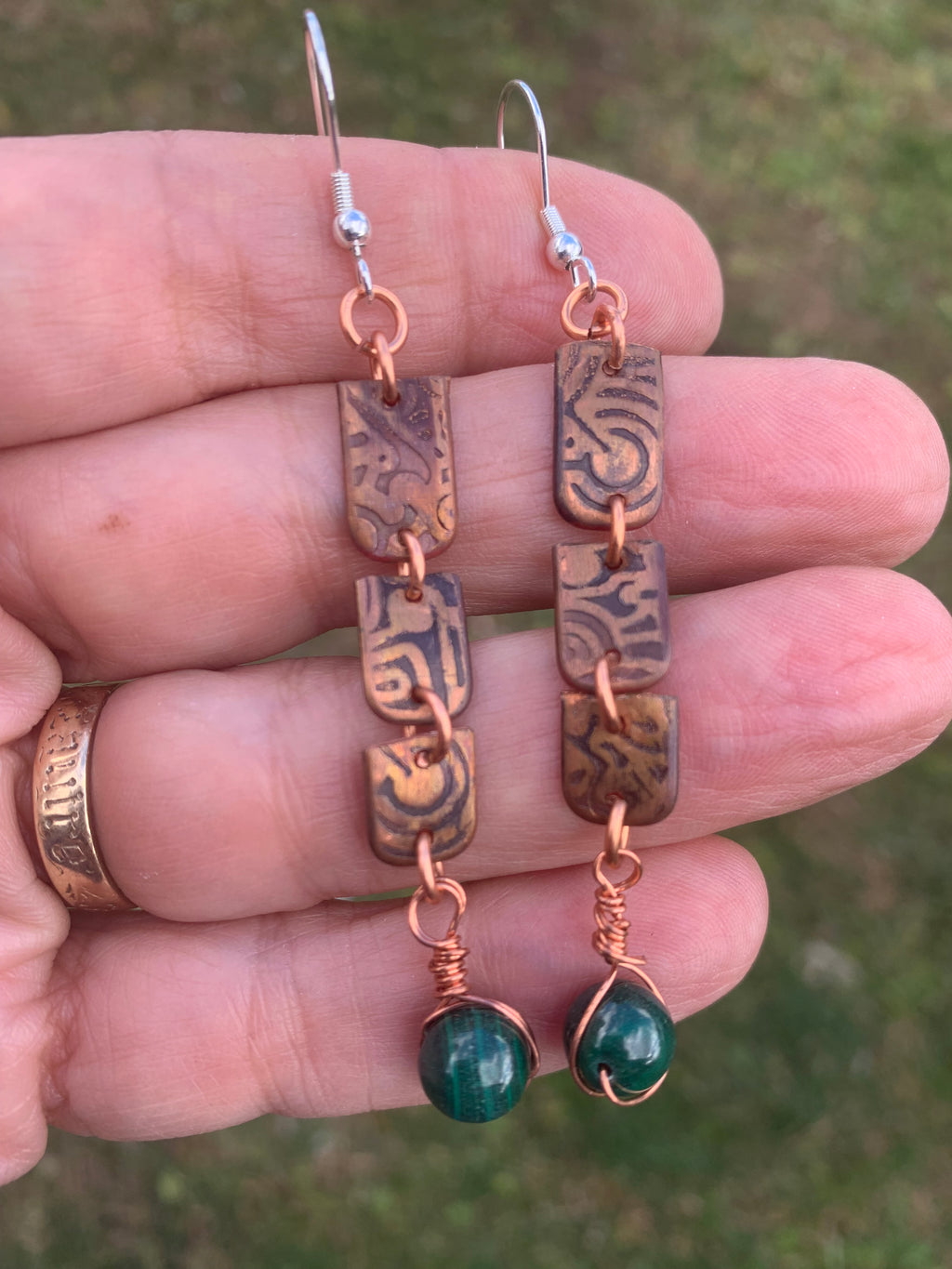 Swinging Copper Drop earrings with Malachite Stone