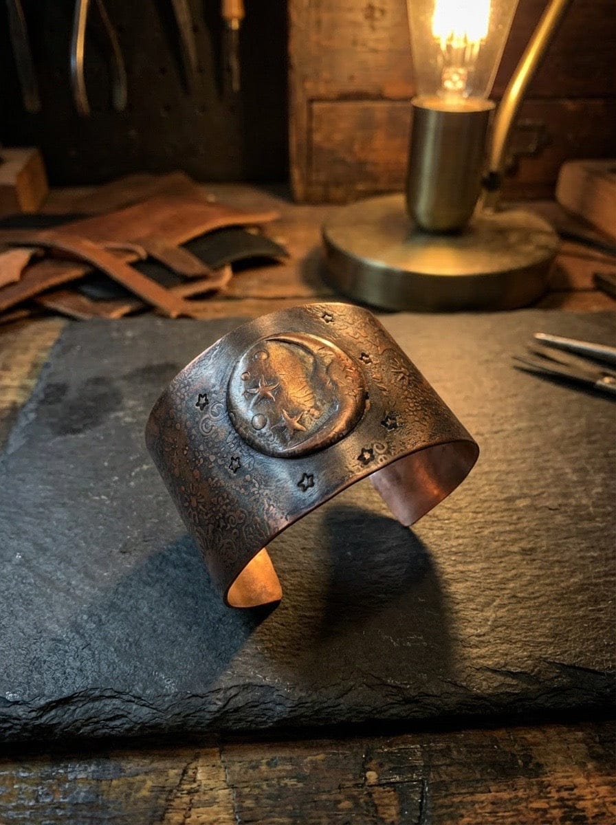 Copper cuff bracelet  with Moon and Stars on a dark surface with a warm light source
