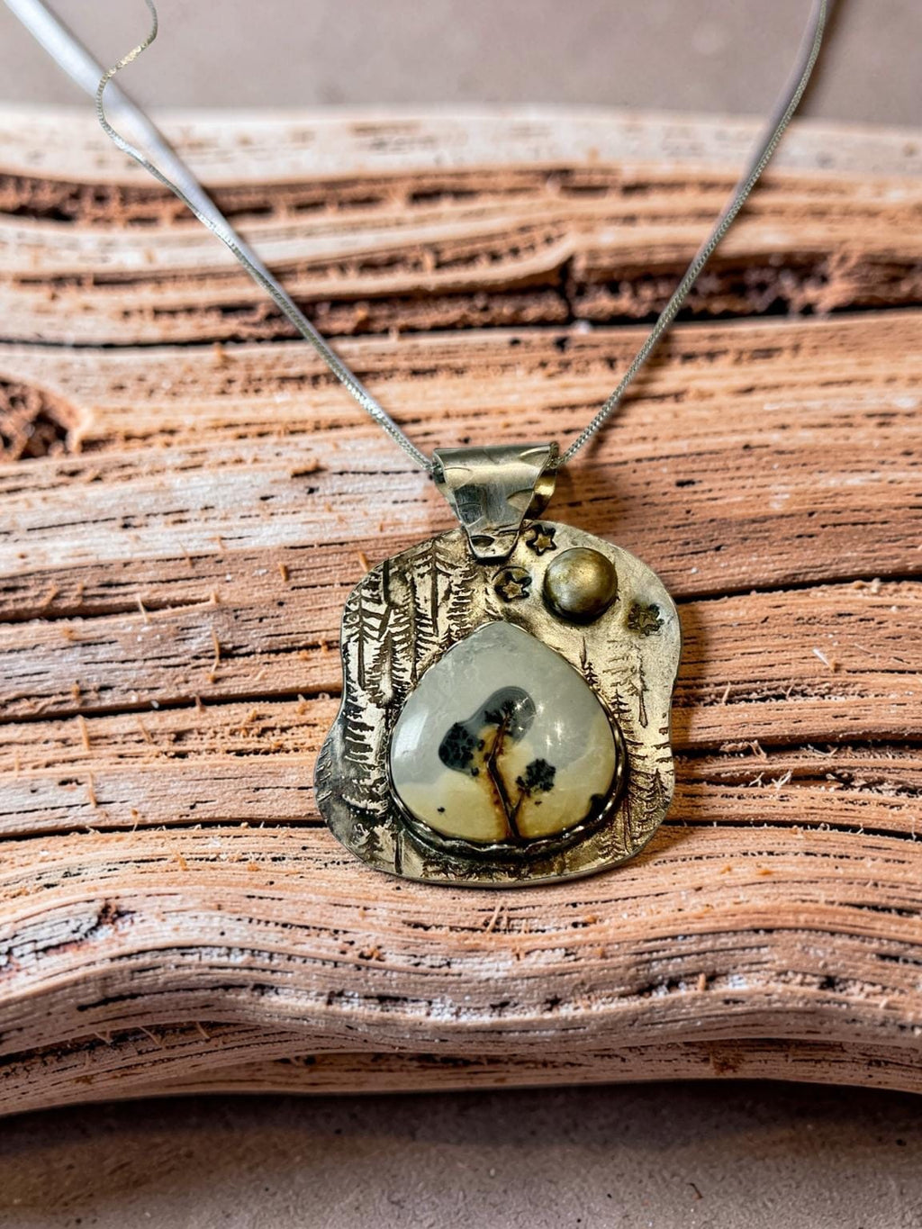Moonlit Forest one-of-a-kind Maligano Jasper pendant handcrafted in sterling silver with a forest textured background and moon accent.