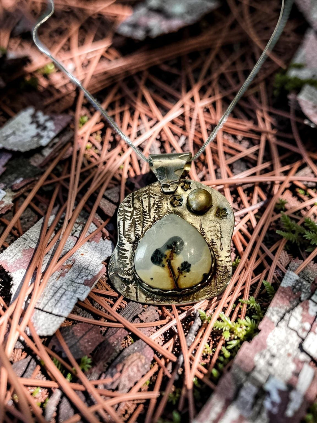 Moonlit Forest one-of-a-kind Maligano Jasper pendant handcrafted in sterling silver with a forest textured background and moon accent.