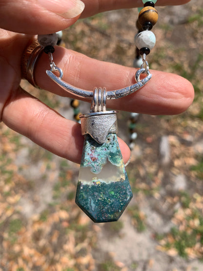 ‘Calming Fields’  Moss Agate Silver Pendant with Gemstone Chain