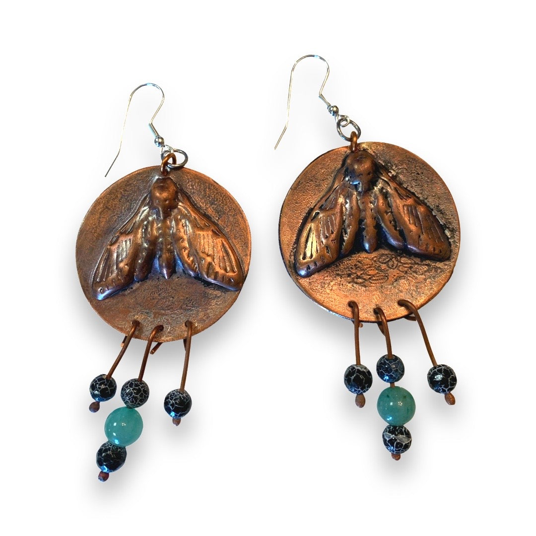 'The Moth' Copper Textured earrings with Green Aventurine stone