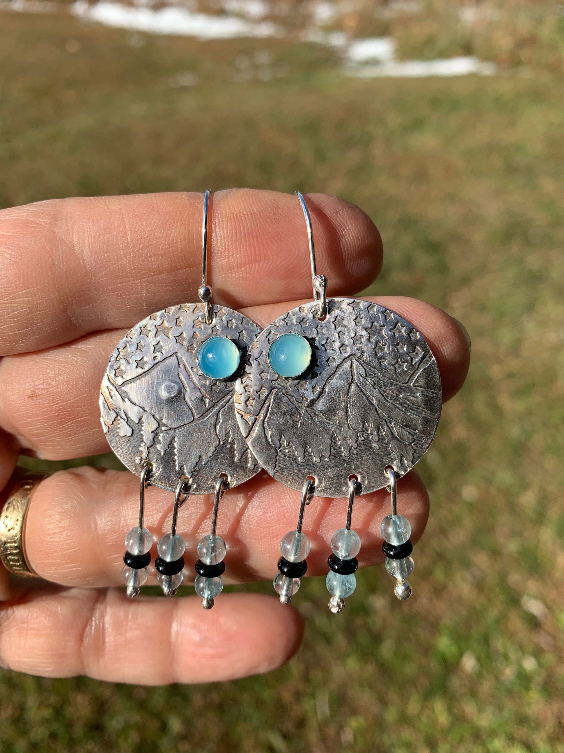 Mountain Scene with blue stones, silver earrings