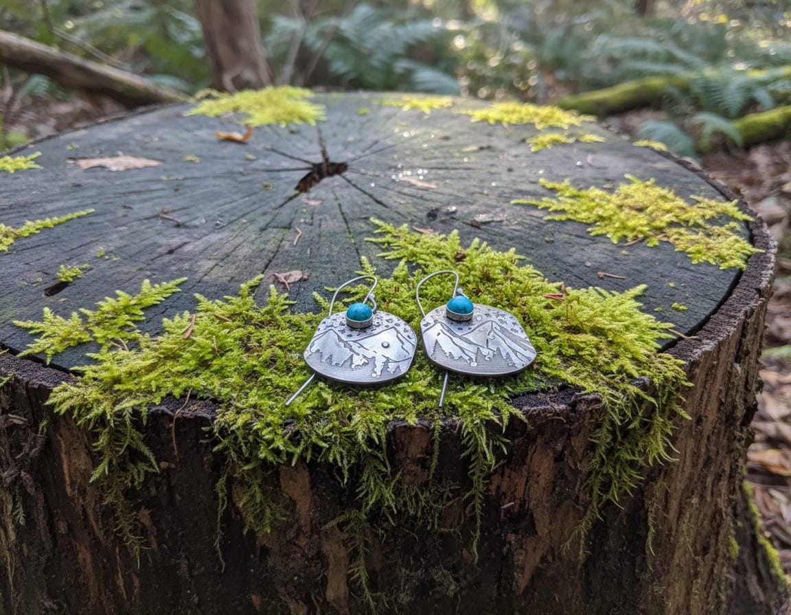 Handcrafted sterling silver Mountain Majesty earrings featuring engraved mountain landscapes beneath a star-filled sky with genuine turquoise cabochons.