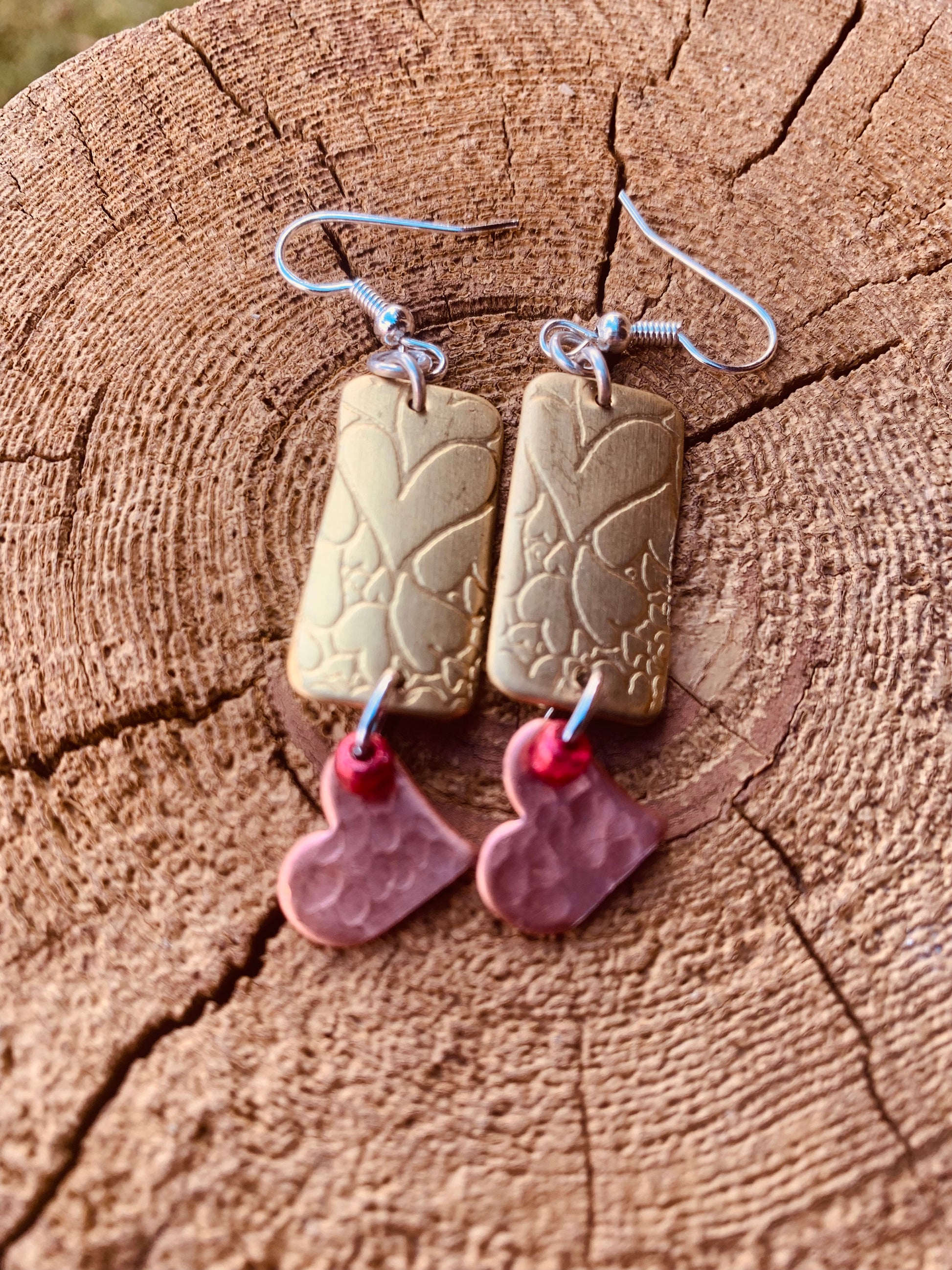 Textured Hearts on Brass and Copper Earrings