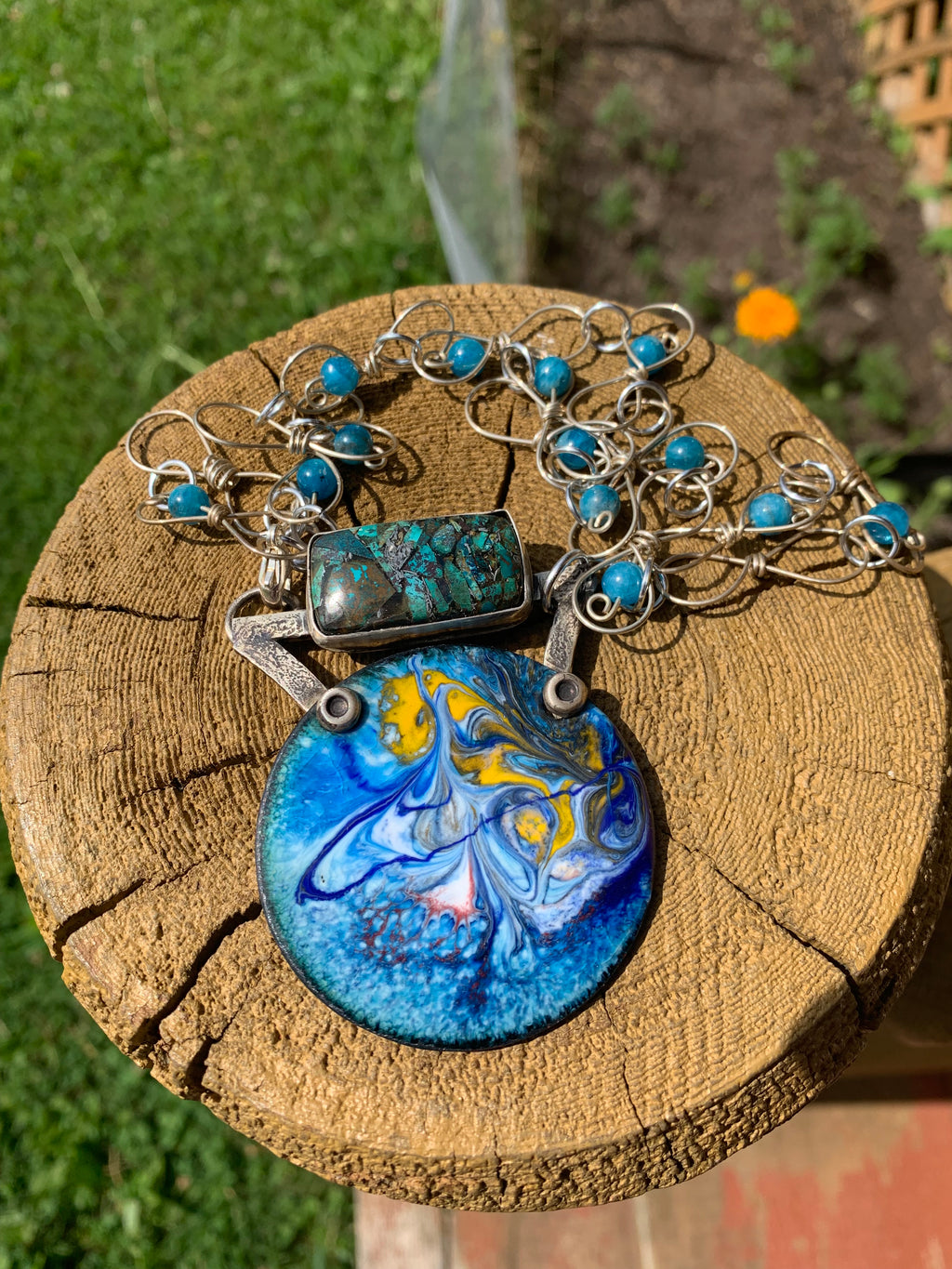 'Mystical Skies' Enamel Silver Pendant w/ Matching Earrings