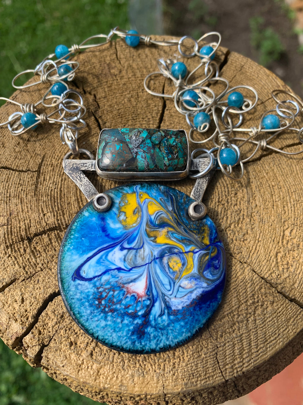 'Mystical Skies' Enamel Silver Pendant w/ Matching Earrings