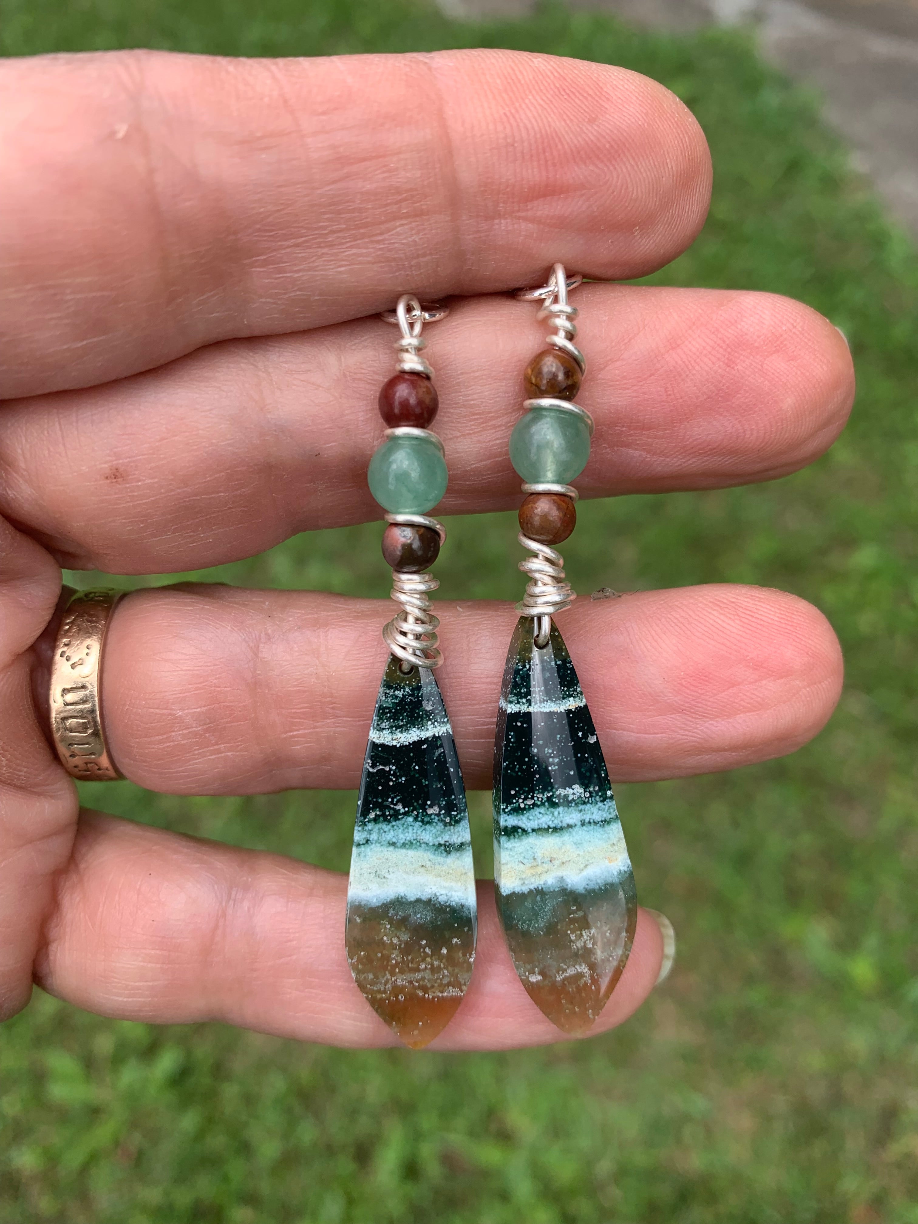 W- Opalized Wood with Jasper and Green Aventurine Earrings in Fine Silver