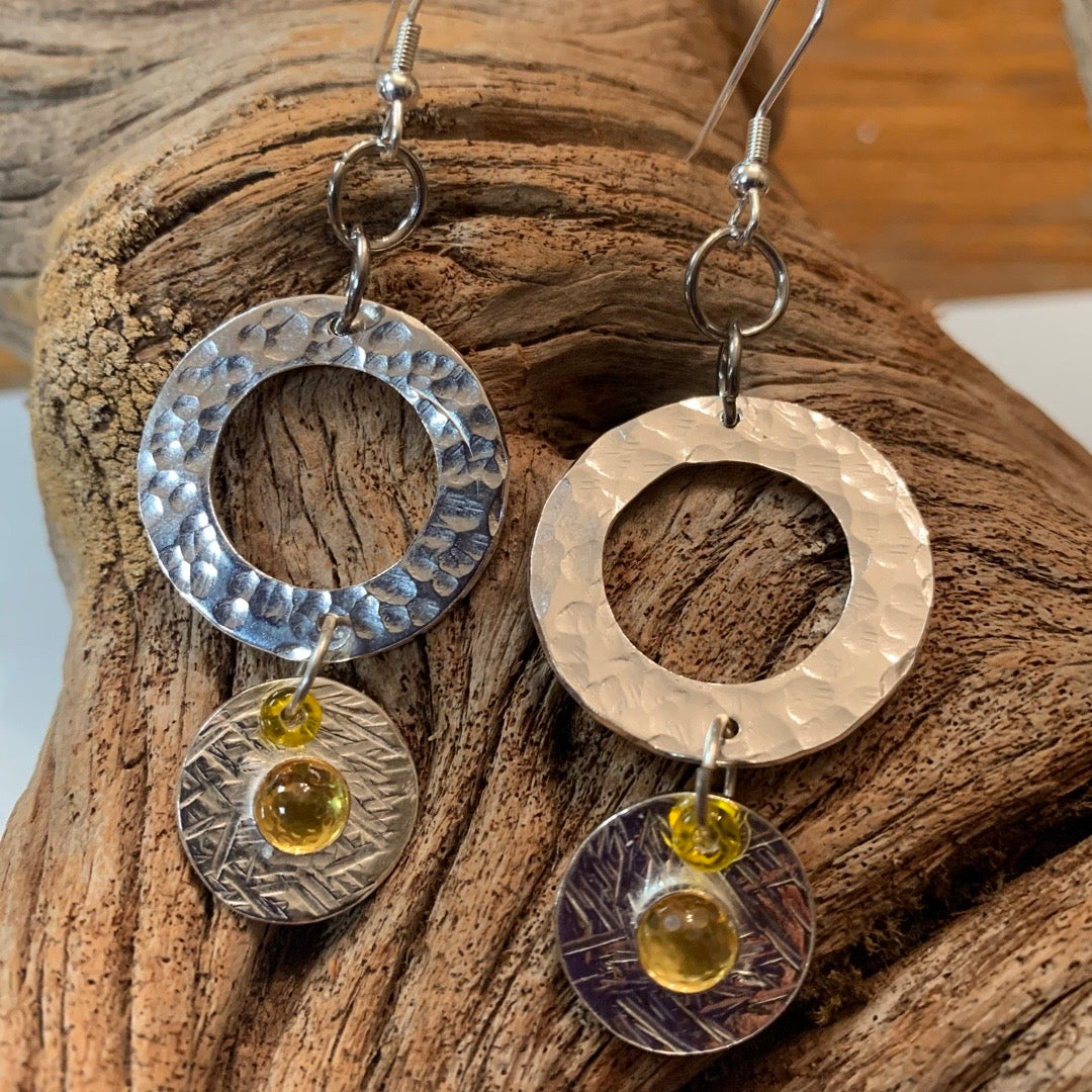Open Circle Citrine Silver Swinging Earrings