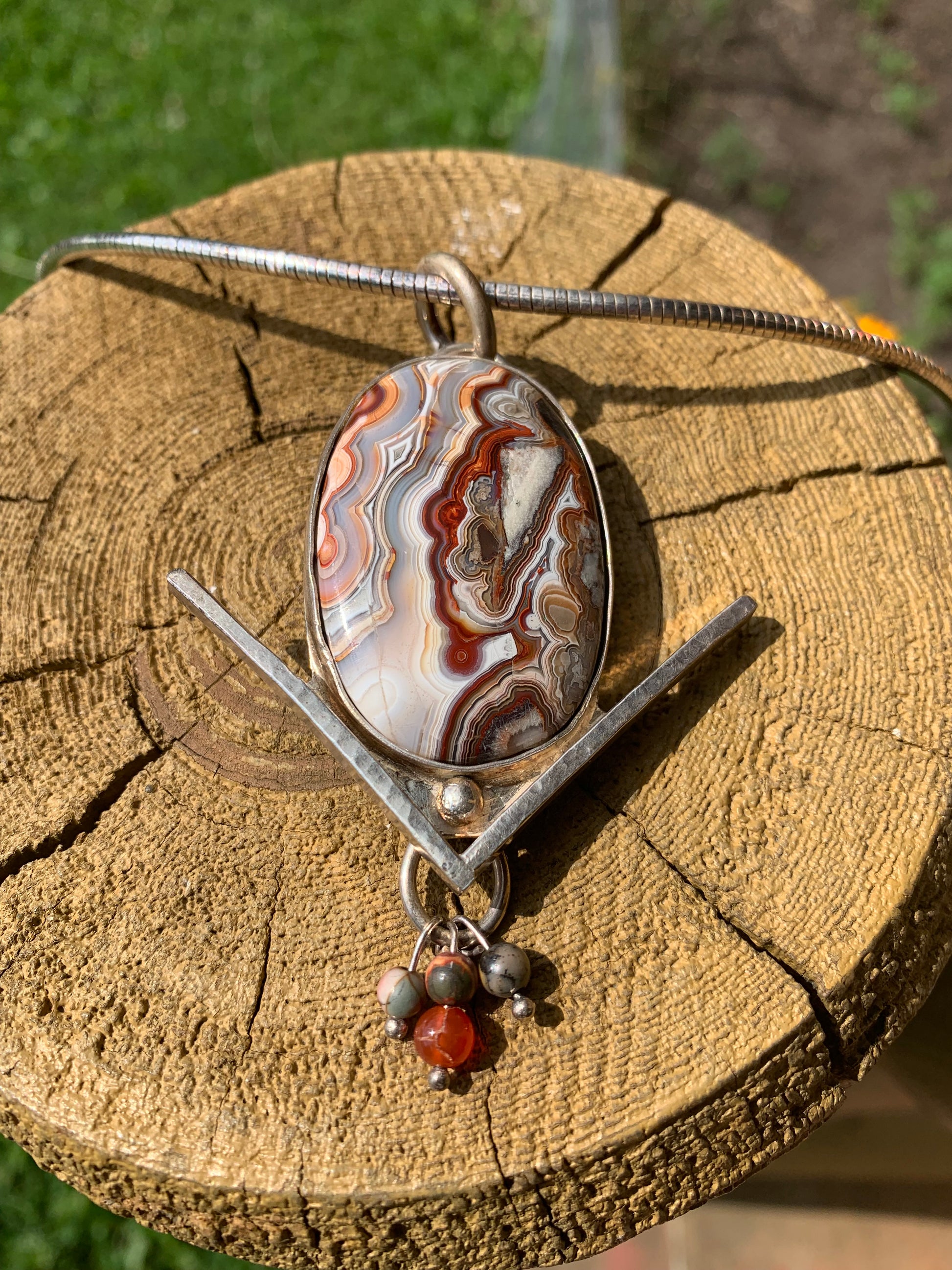 'Pathways' Crazy Mexican Lace Agate Silver Pendant