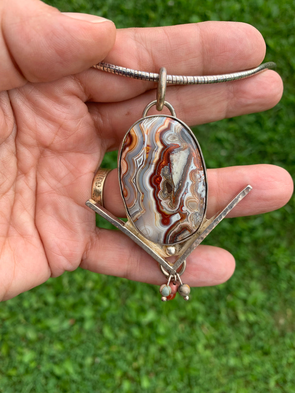 'Pathways' Crazy Mexican Lace Agate Silver Pendant