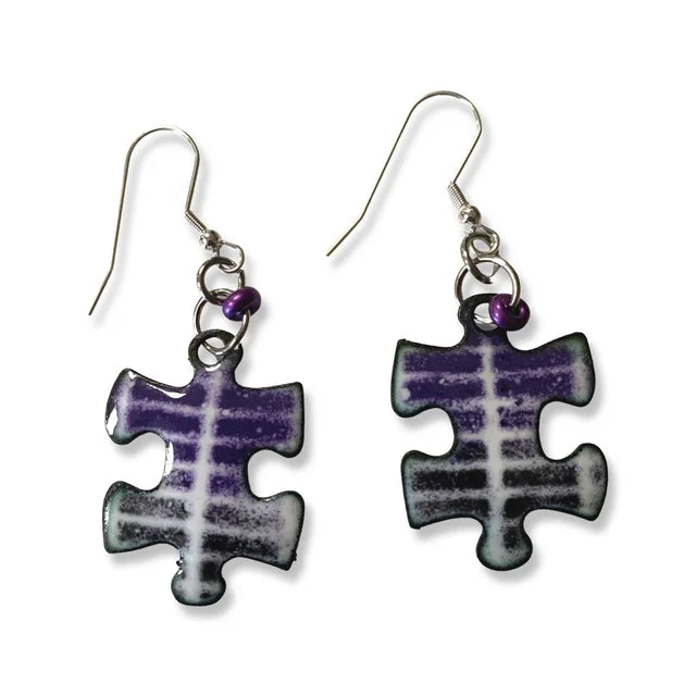 'Piece of the Puzzle' Purple and White Enamel Earrings