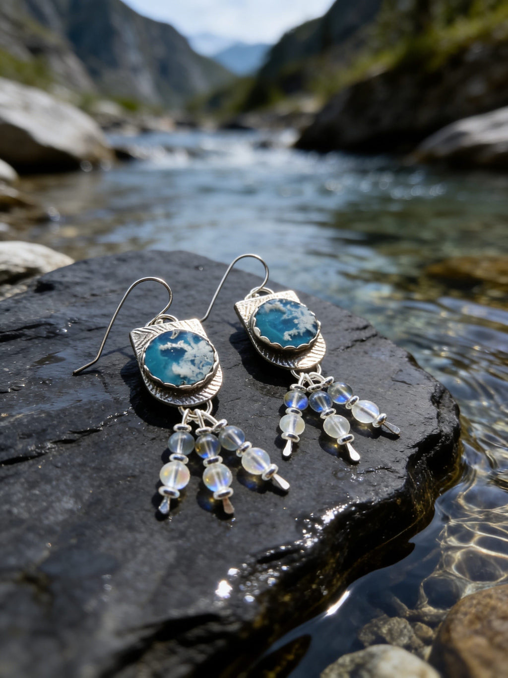 'Sky Between Storms'  One-of-a-Kind Plume Agate Earrings