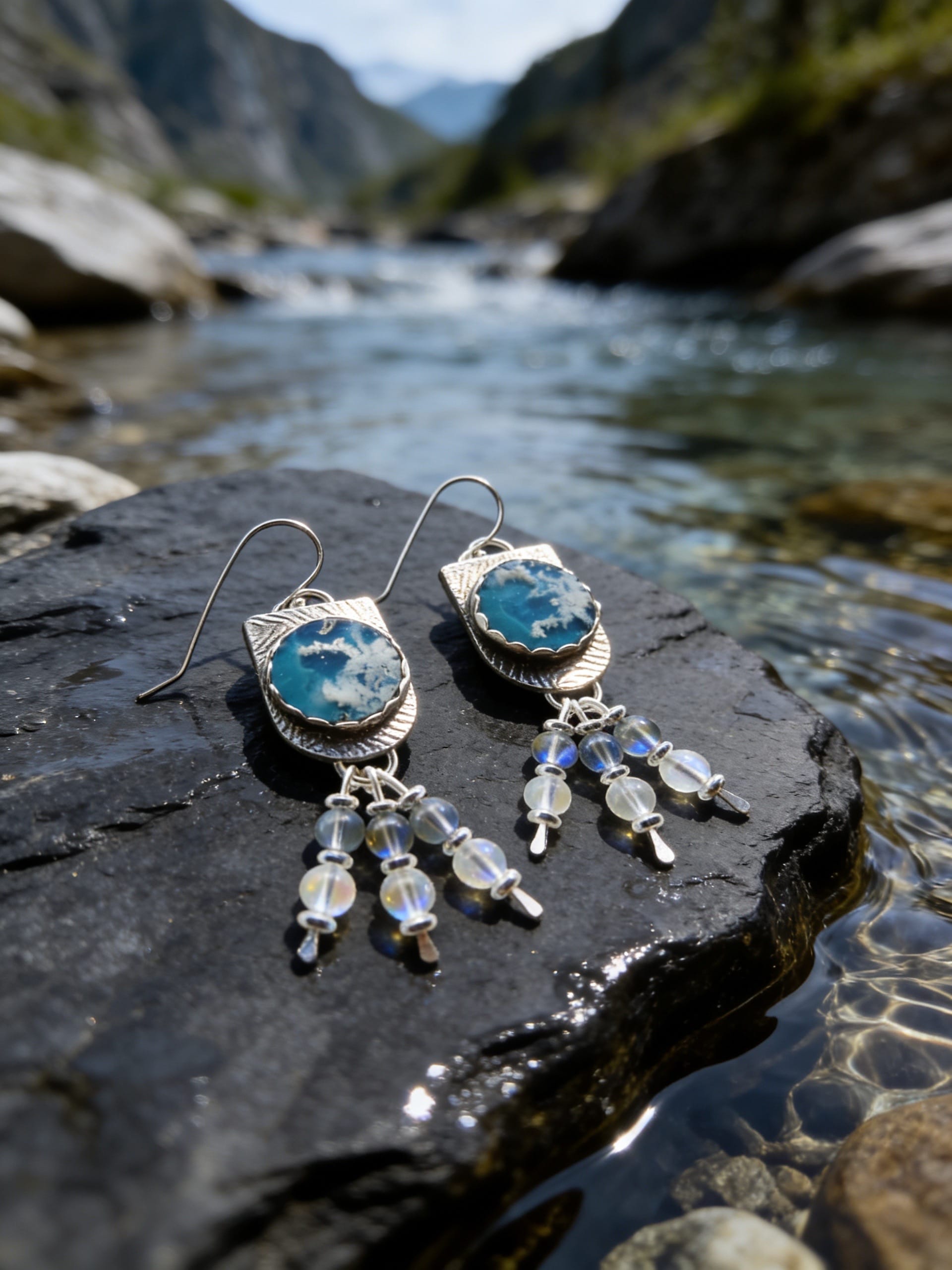 'Sky Between Storms'  One-of-a-Kind Plume Agate Earrings
