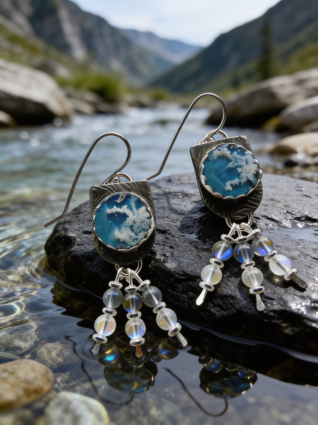 'Sky Between Storms'  One-of-a-Kind Plume Agate Earrings