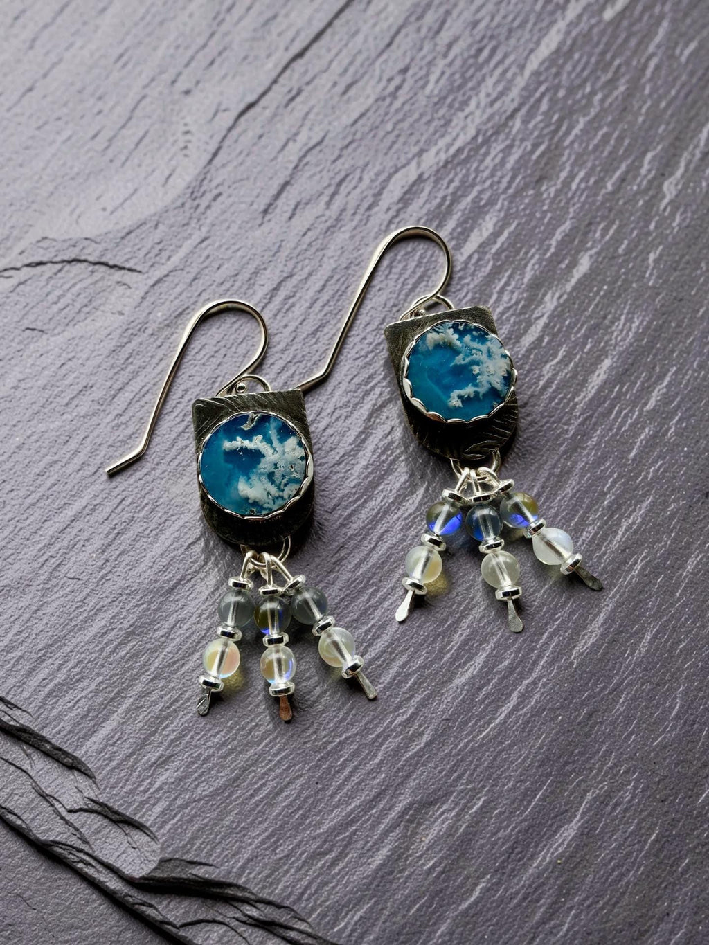 'Sky Between Storms'  One-of-a-Kind Plume Agate Earrings