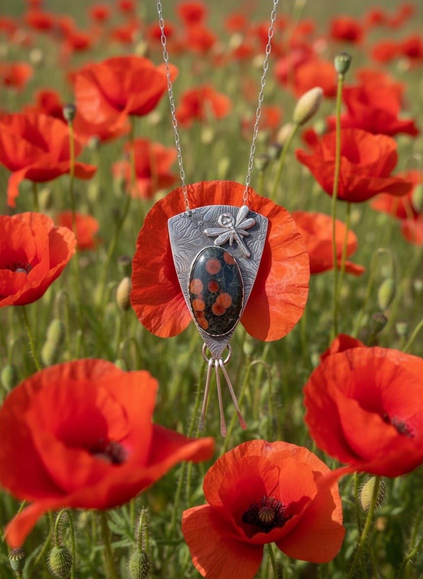 A silver pendant necklace with a shield-shaped silver frame and a central oval stone featuring red and black spots, suspended over a field of red poppies.