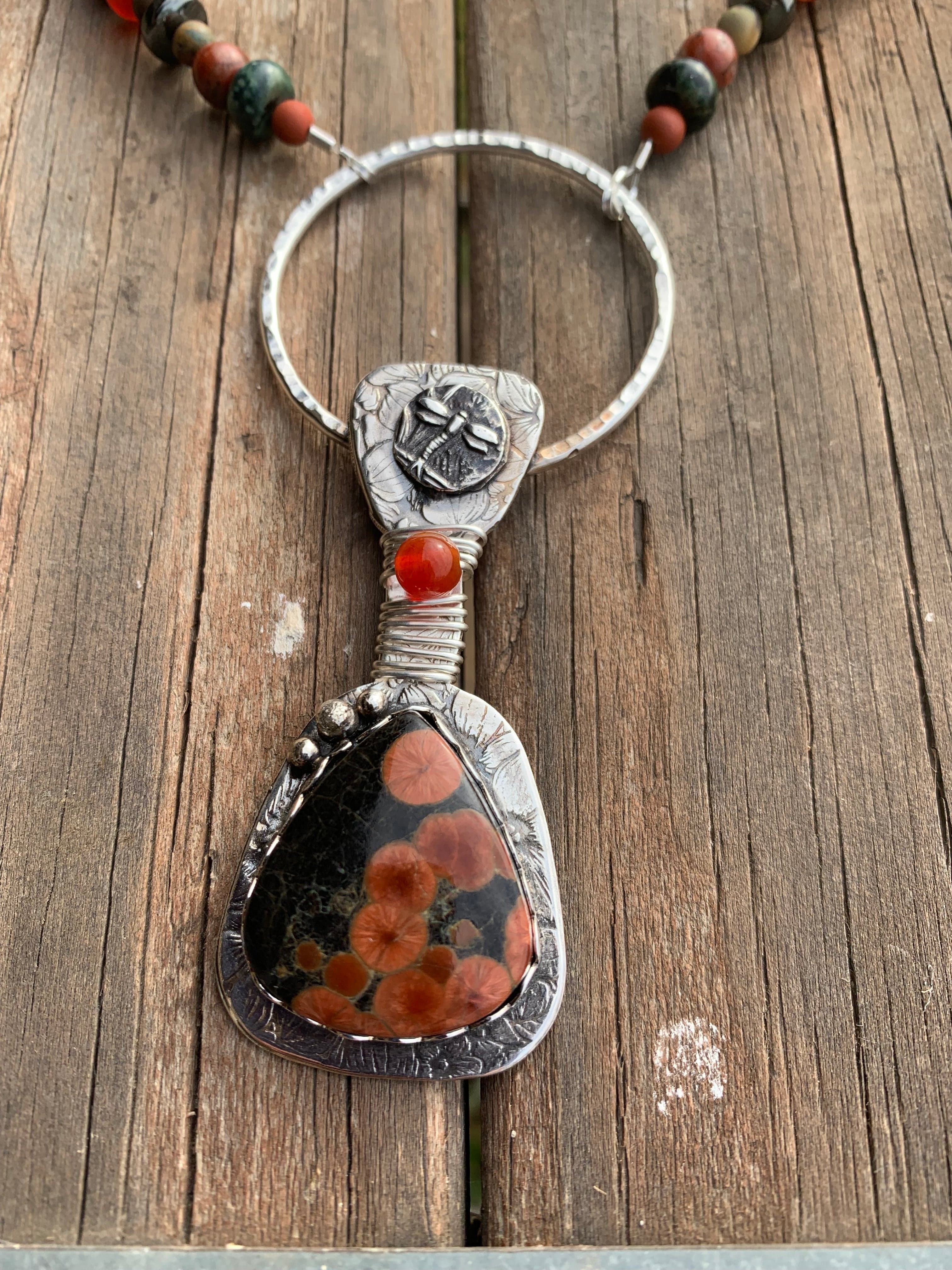 Poppy Garden Dragonfly Silver Art Jewelry Pendant, Chrizart Creations