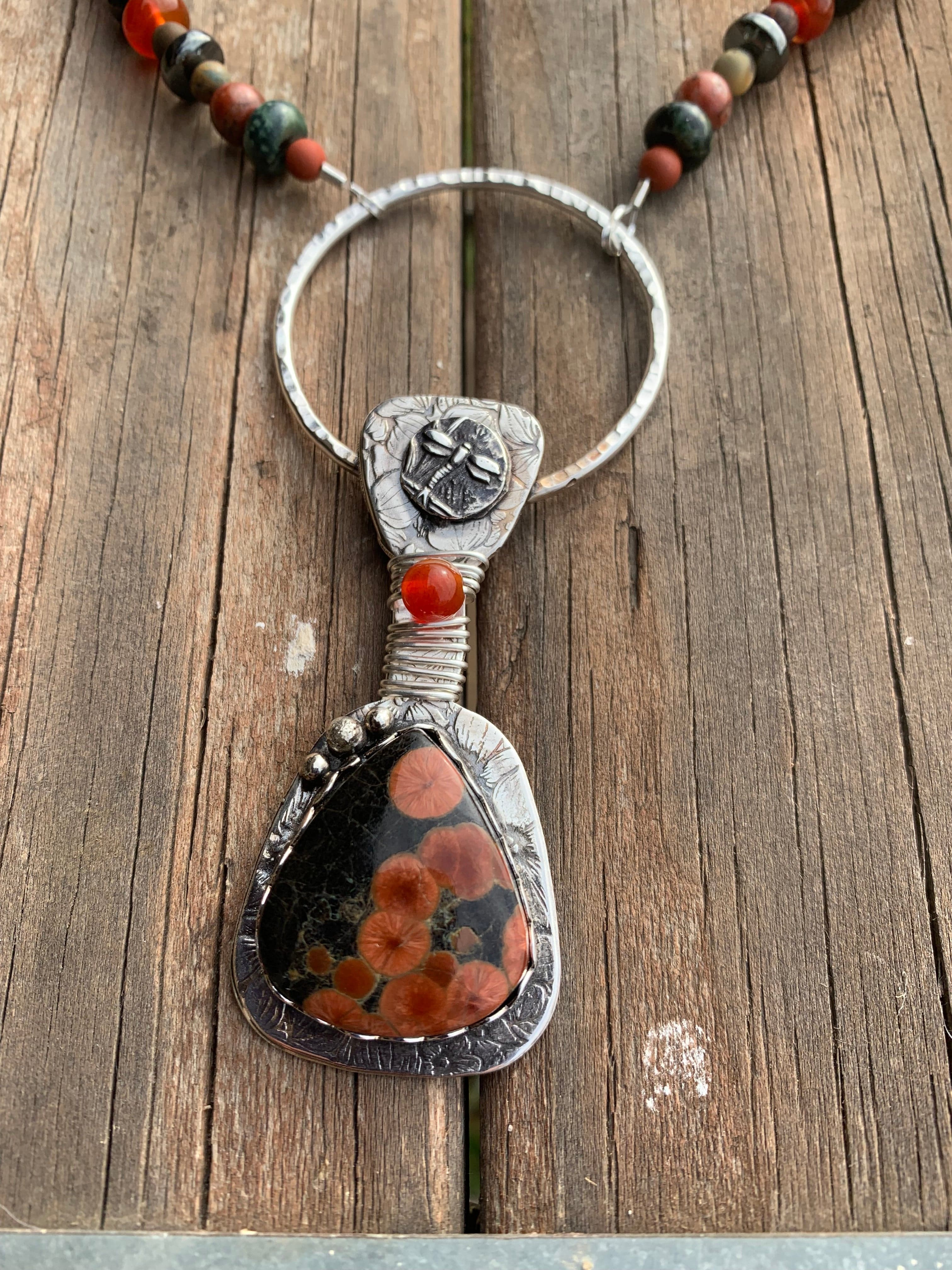 Poppy Garden Dragonfly Silver Art Jewelry Pendant, Chrizart Creations