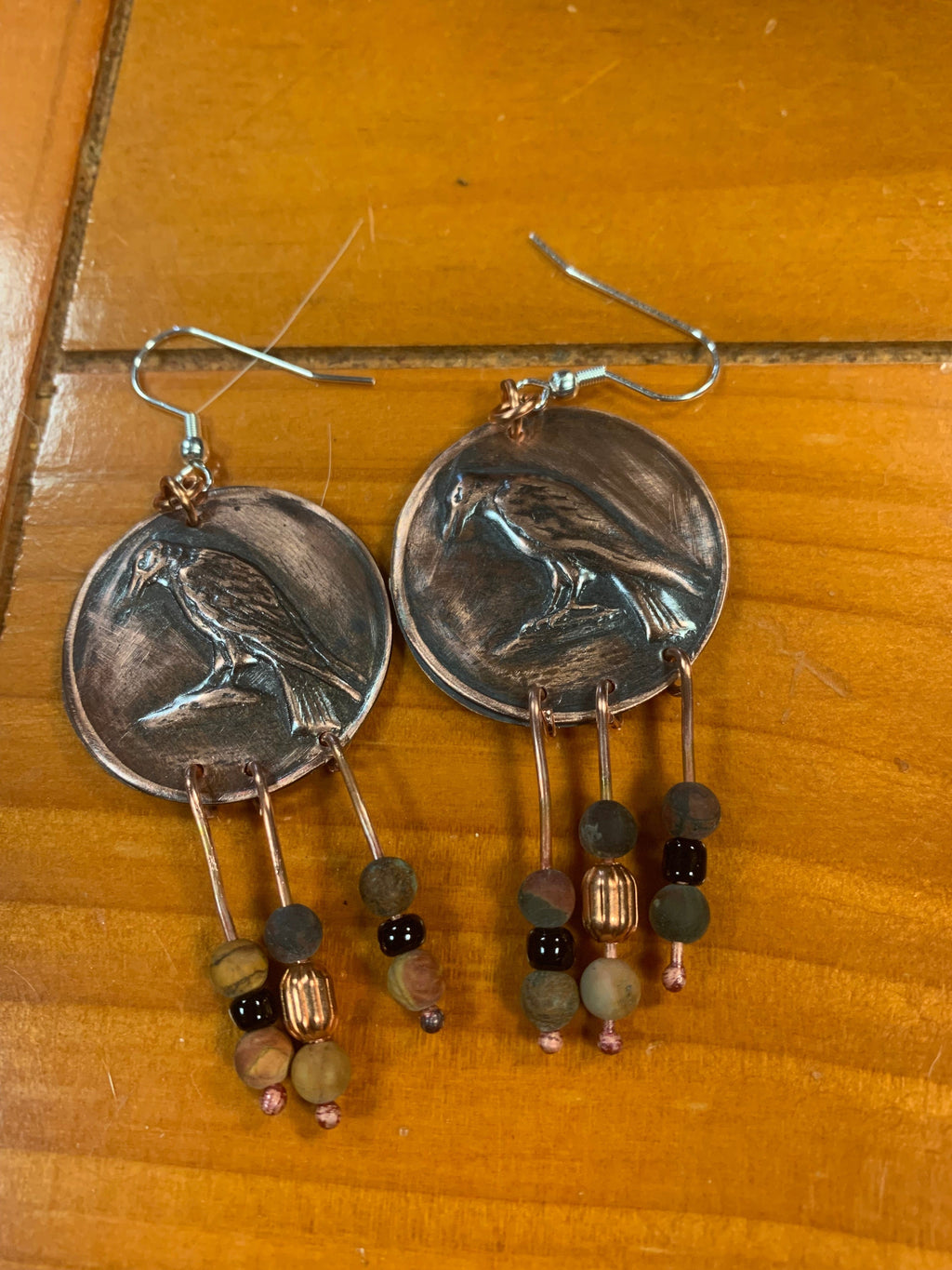 Copper Earrings with Ravens and tiger eye stones