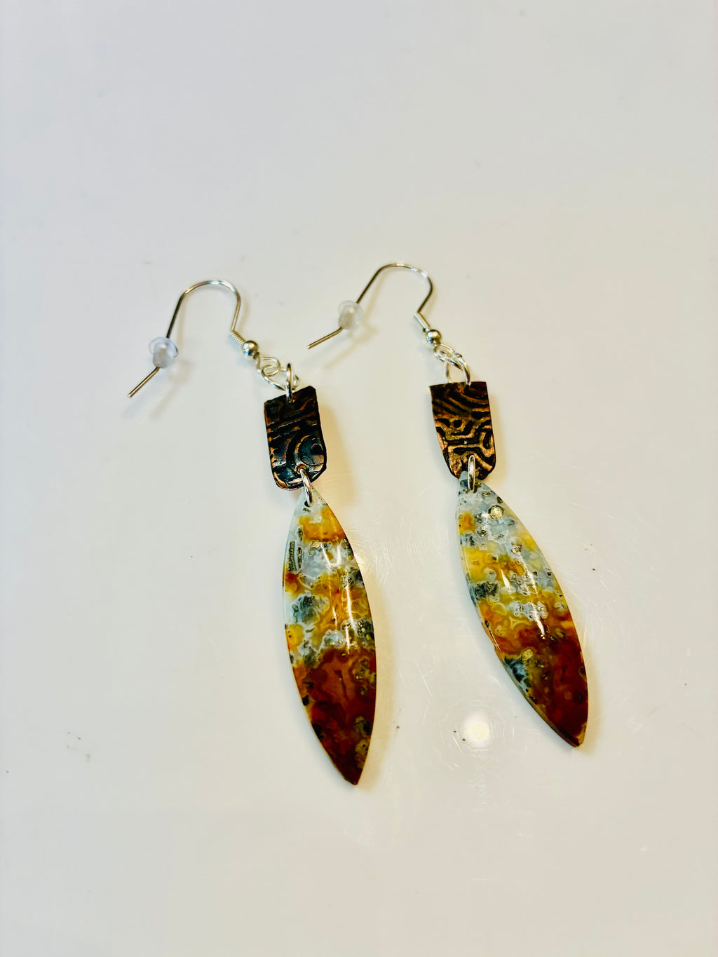 Canyon Rain one-of-a-kind Red Marcasite drop earrings with hand-textured copper by Christine Keller