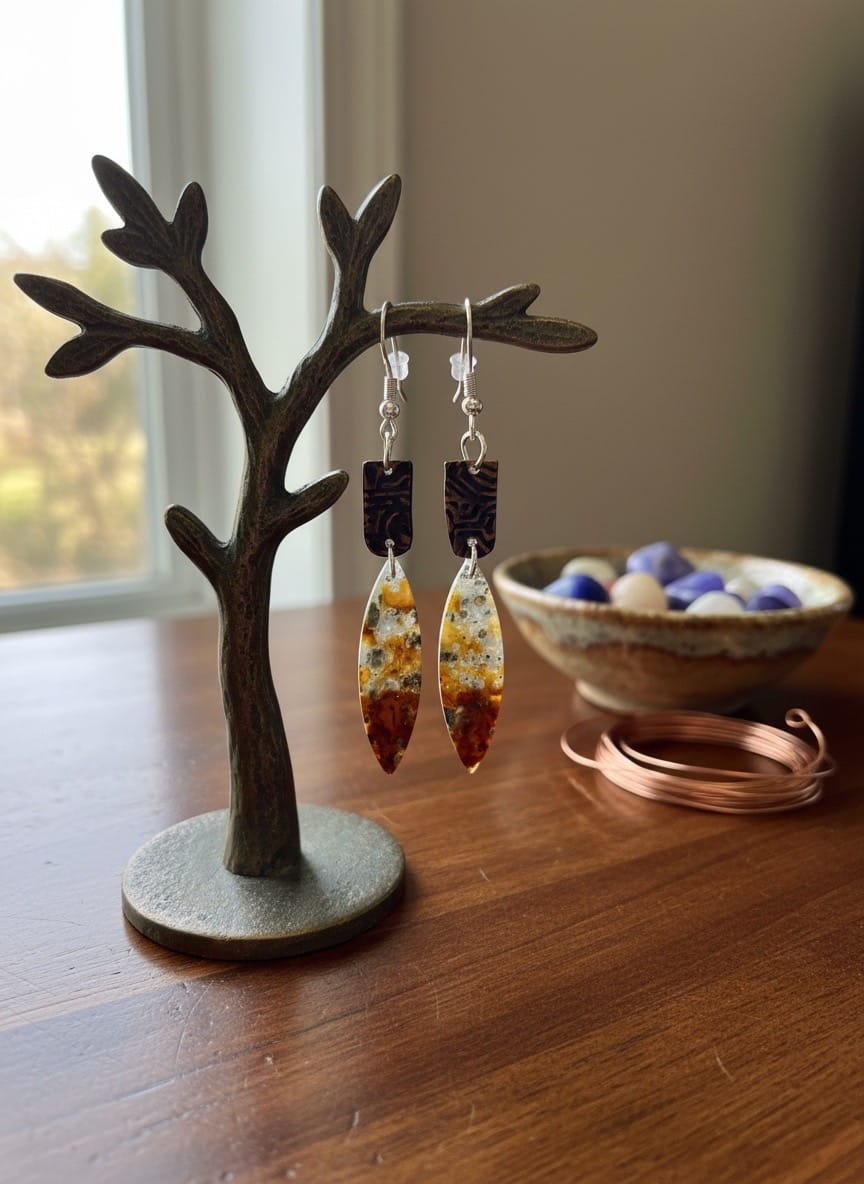 Canyon Rain one-of-a-kind Red Marcasite drop earrings with hand-textured copper by Christine Keller