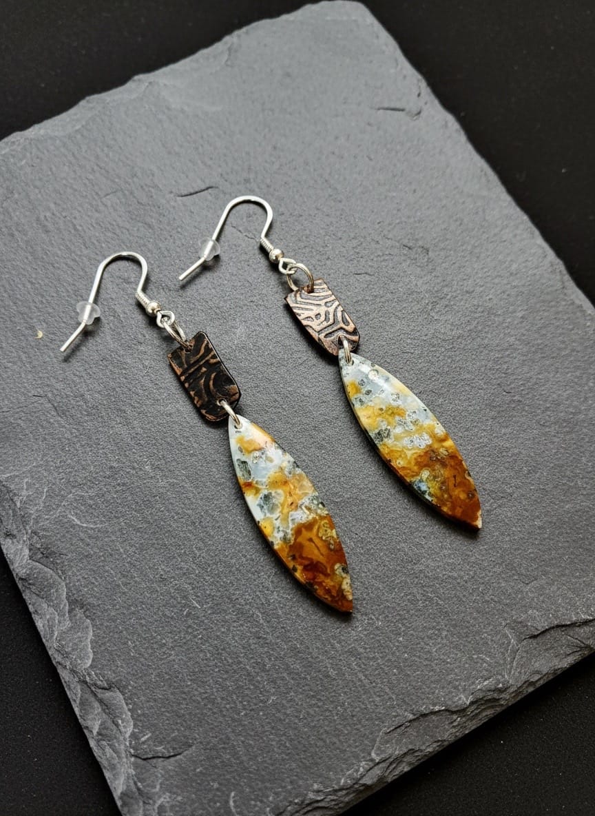 Canyon Rain one-of-a-kind Red Marcasite drop earrings with hand-textured copper by Christine Keller