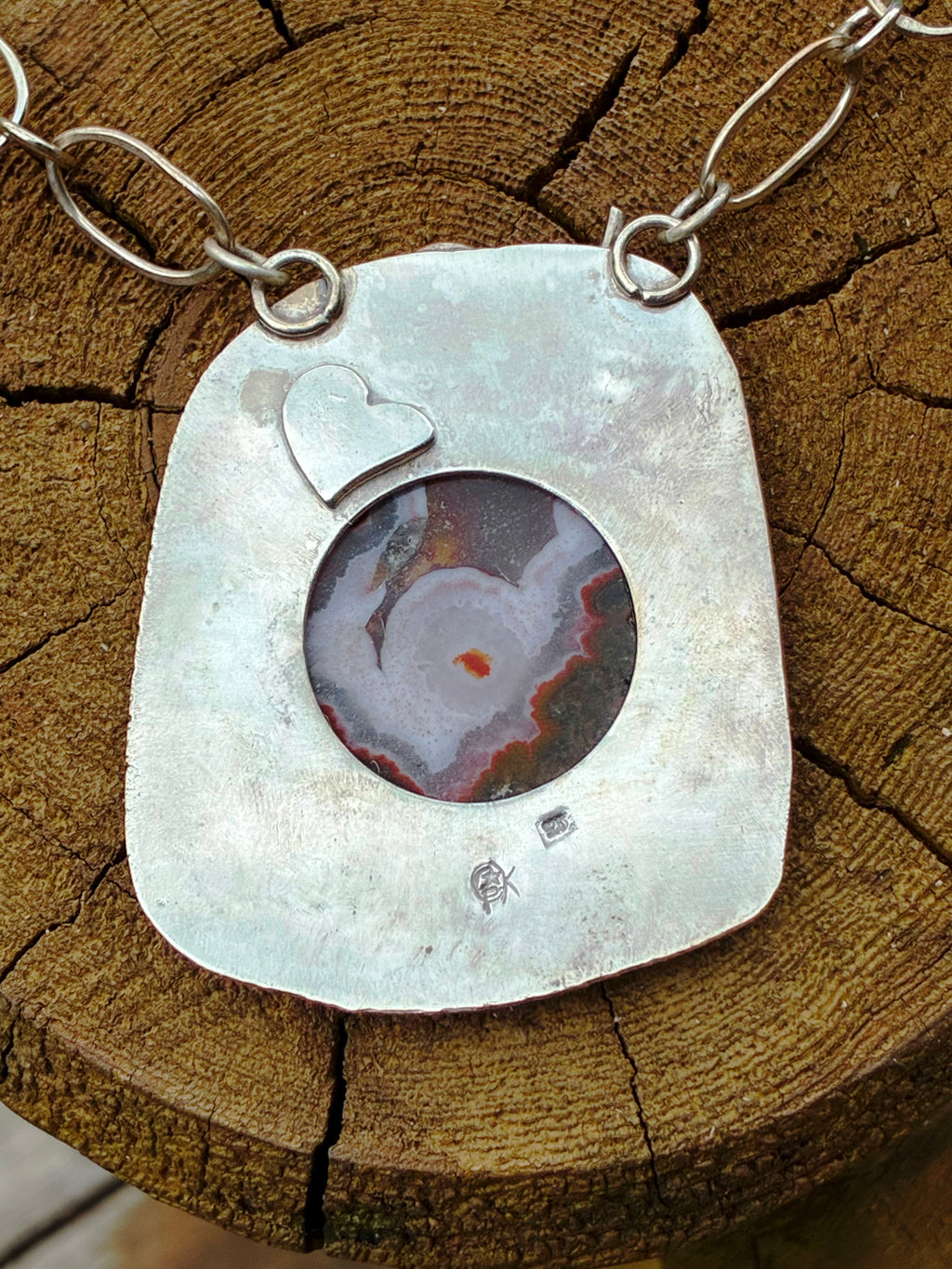 Back view ,Rift in the Earth Moroccan Seam Agate necklace handcrafted in sterling silver with handmade silver chain by Christine Keller