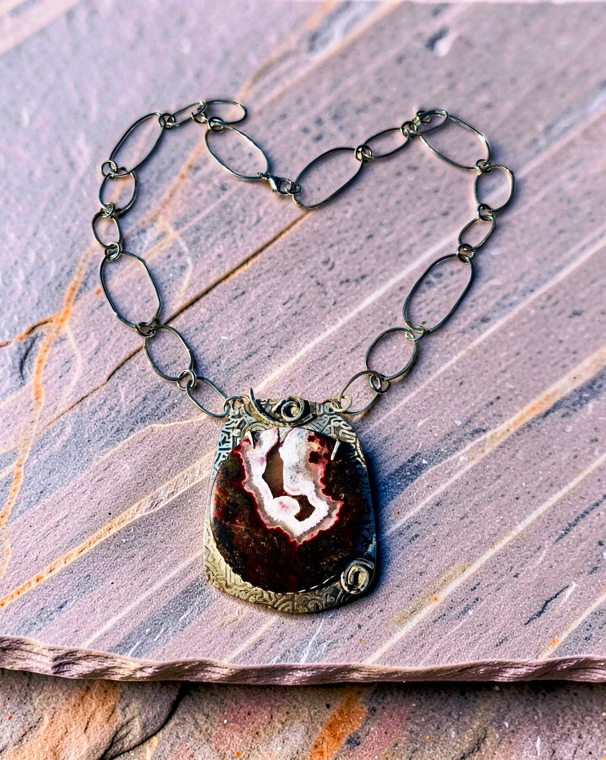 Rift in the Earth Moroccan Seam Agate necklace handcrafted in sterling silver with handmade silver chain by Christine Keller