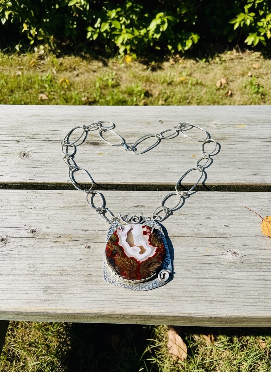 Rift in the Earth Moroccan Seam Agate necklace handcrafted in sterling silver with handmade silver chain by Christine Keller
