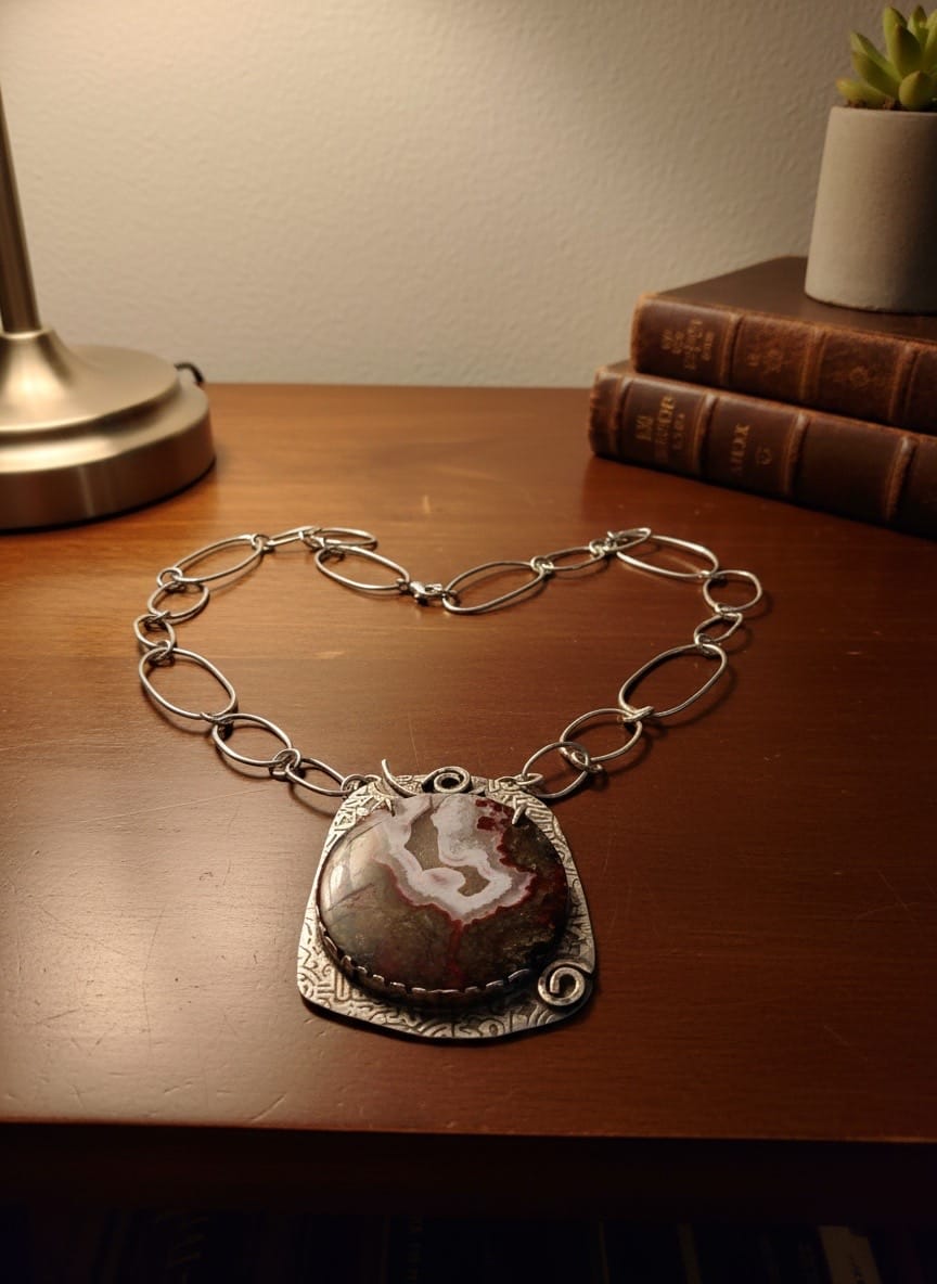 Rift in the Earth Moroccan Seam Agate necklace handcrafted in sterling silver with handmade silver chain by Christine Keller