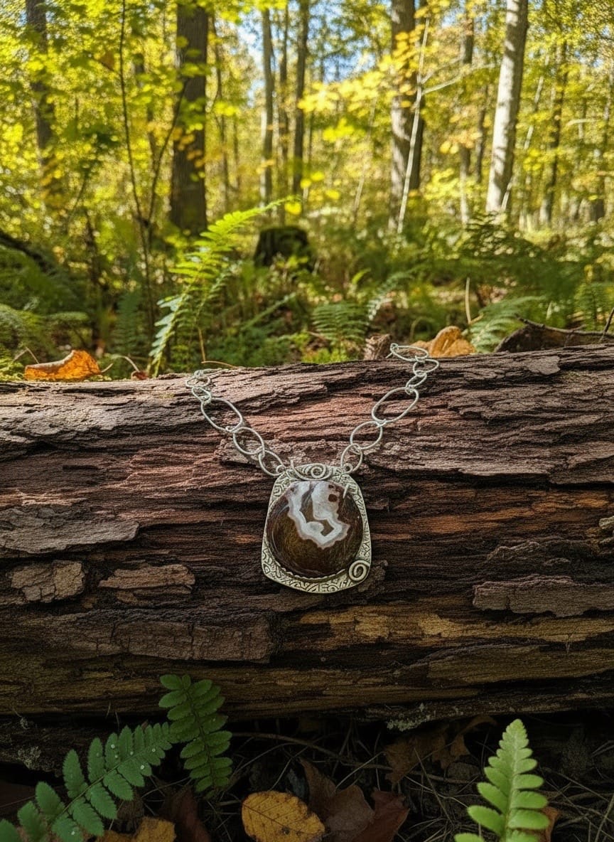 Rift in the Earth Moroccan Seam Agate necklace handcrafted in sterling silver with handmade silver chain by Christine Keller