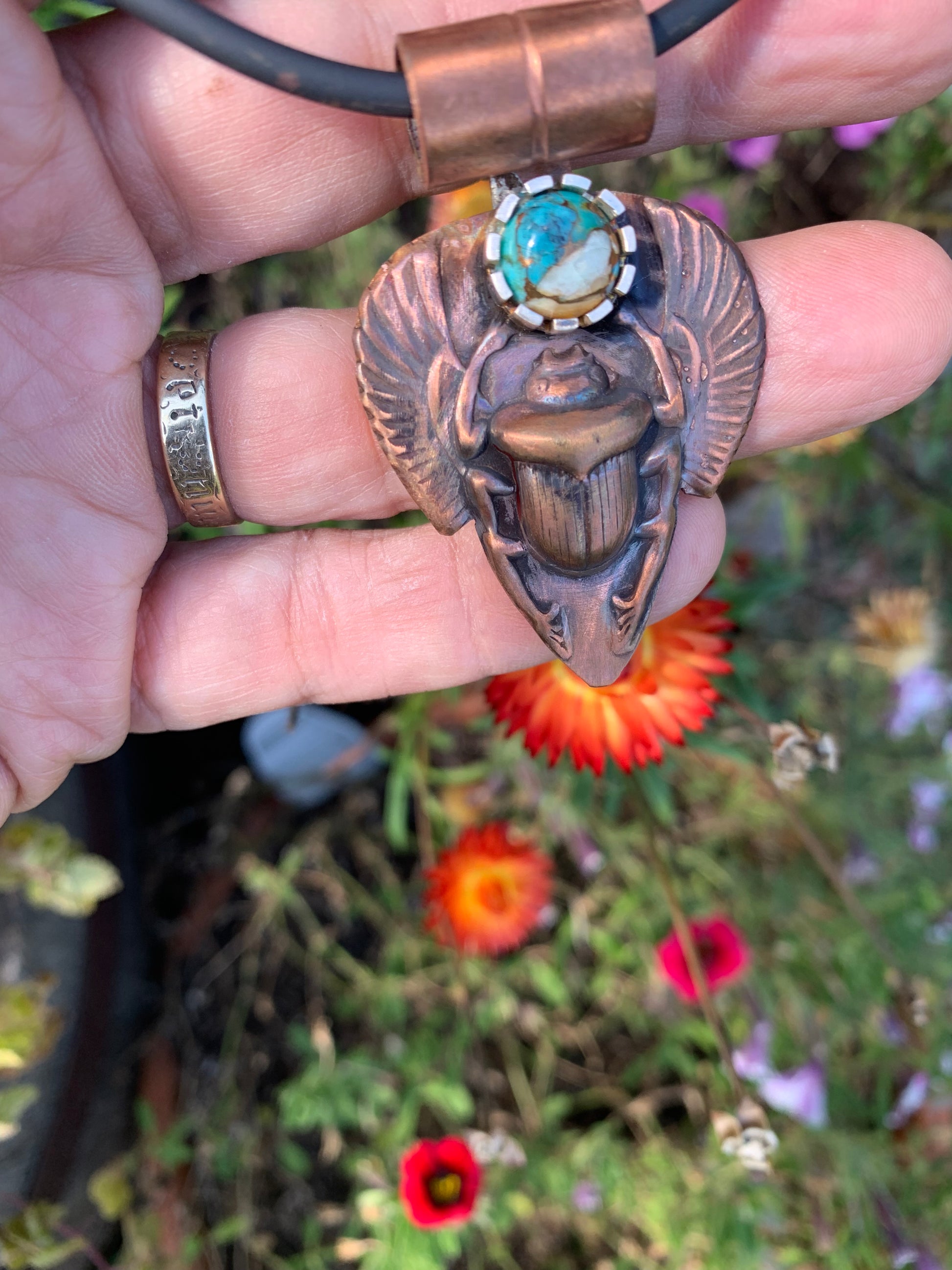Sacrab2 pendant with turquoise and copper wings