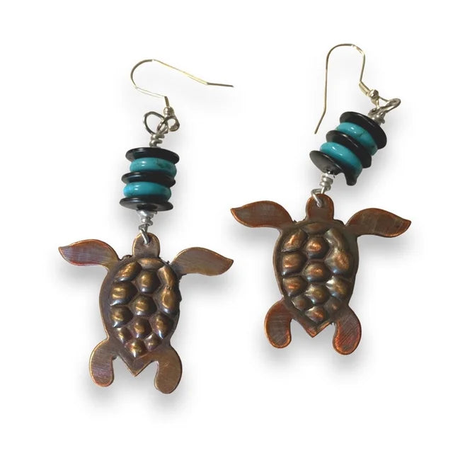 Sea Turtle Copper Earrings, Swimming on your Ears!