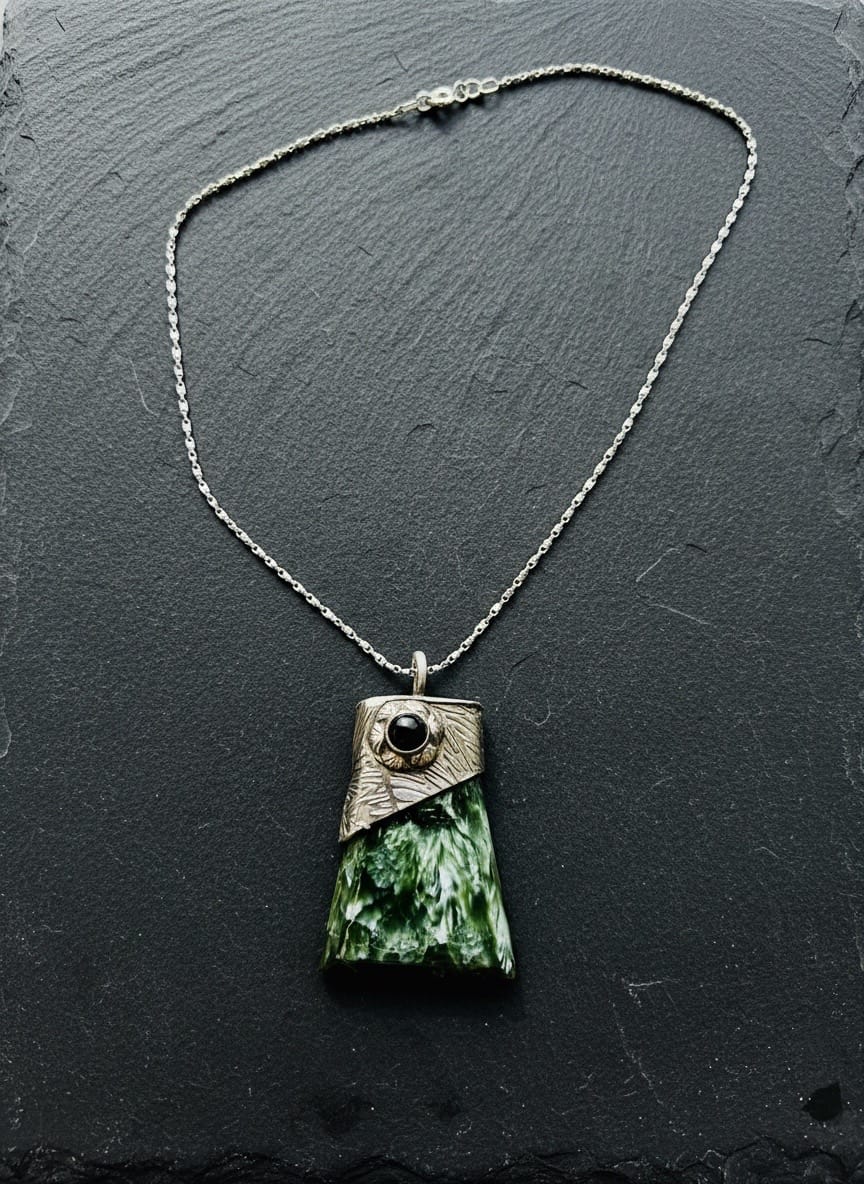 Seraphim one-of-a-kind sterling silver pendant featuring genuine Seraphinite, Black Onyx, and a butterfly wing textured silver cap.