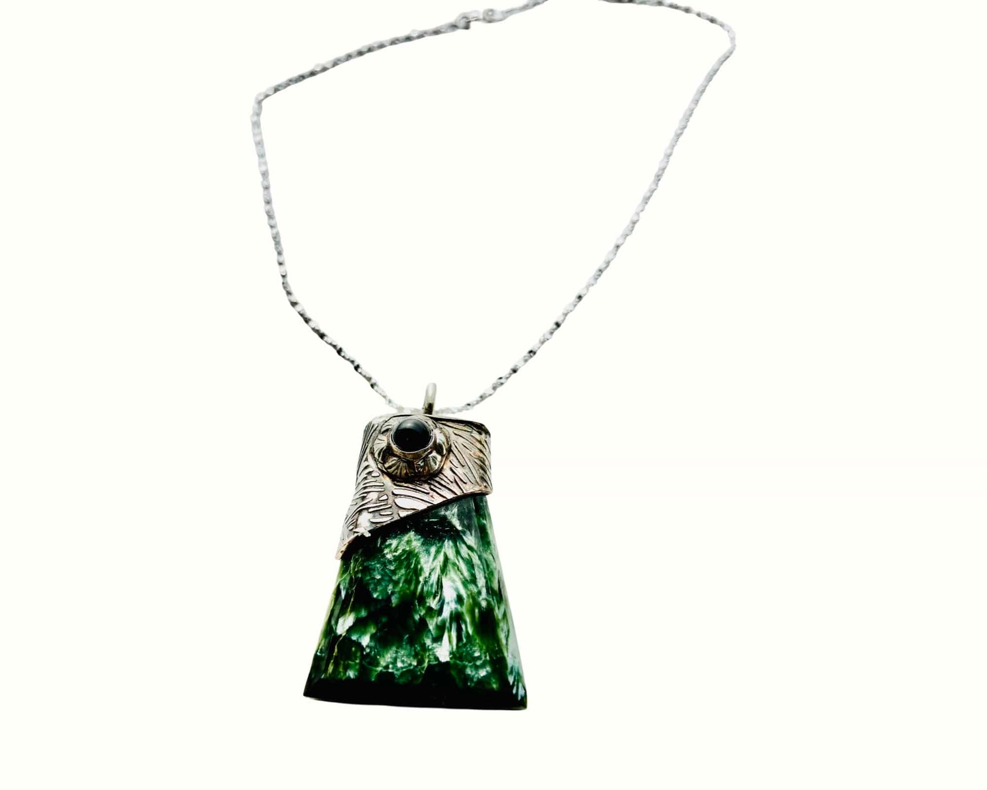 Seraphim one-of-a-kind sterling silver pendant featuring genuine Seraphinite, Black Onyx, and a butterfly wing textured silver cap.