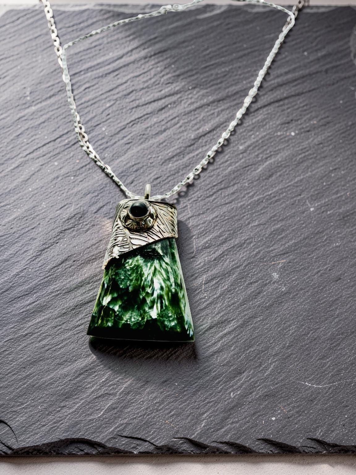 Seraphim one-of-a-kind sterling silver pendant featuring genuine Seraphinite, Black Onyx, and a butterfly wing textured silver cap.