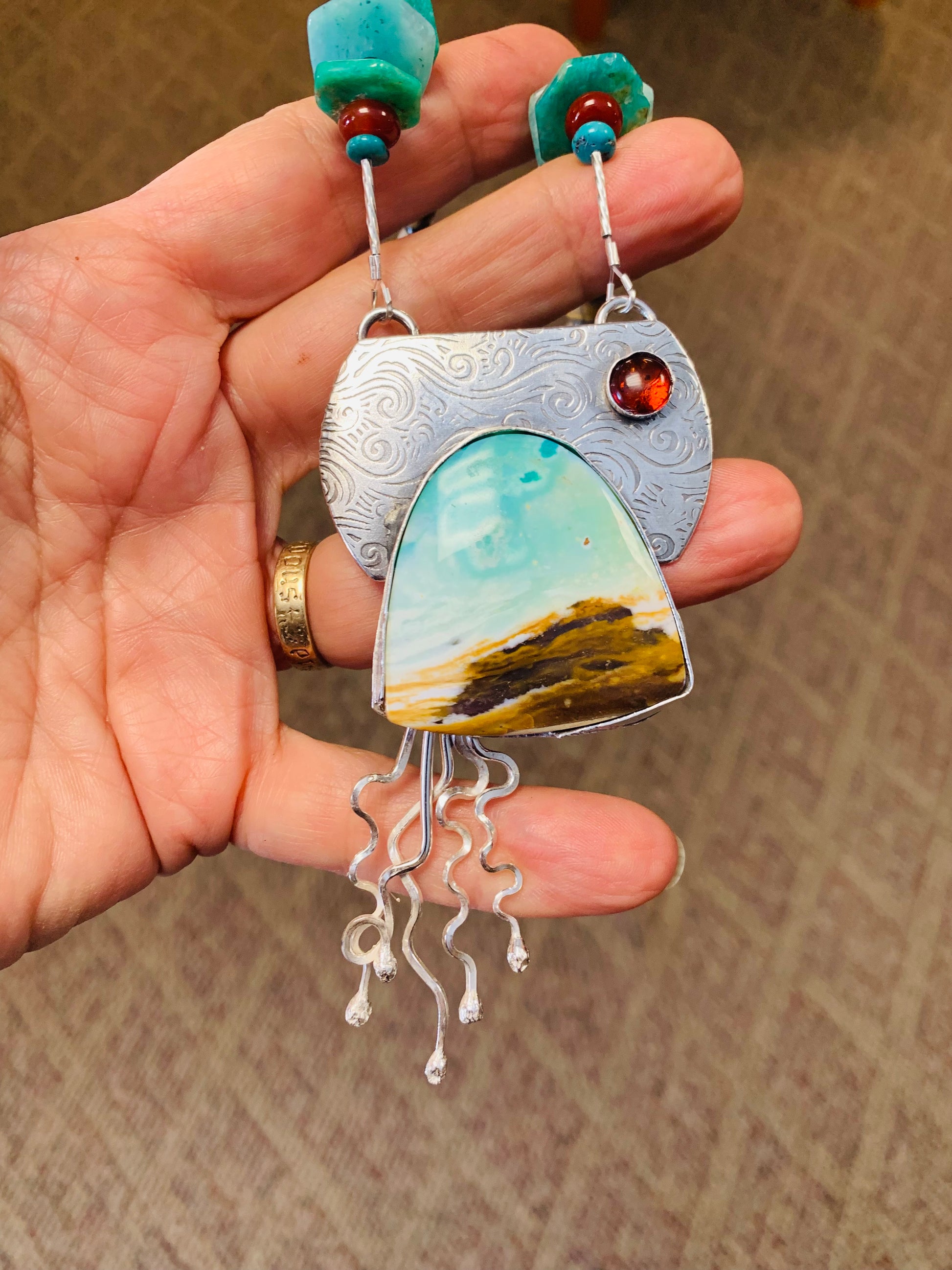 'Serenity' Blue Wood Opal Silver Pendant