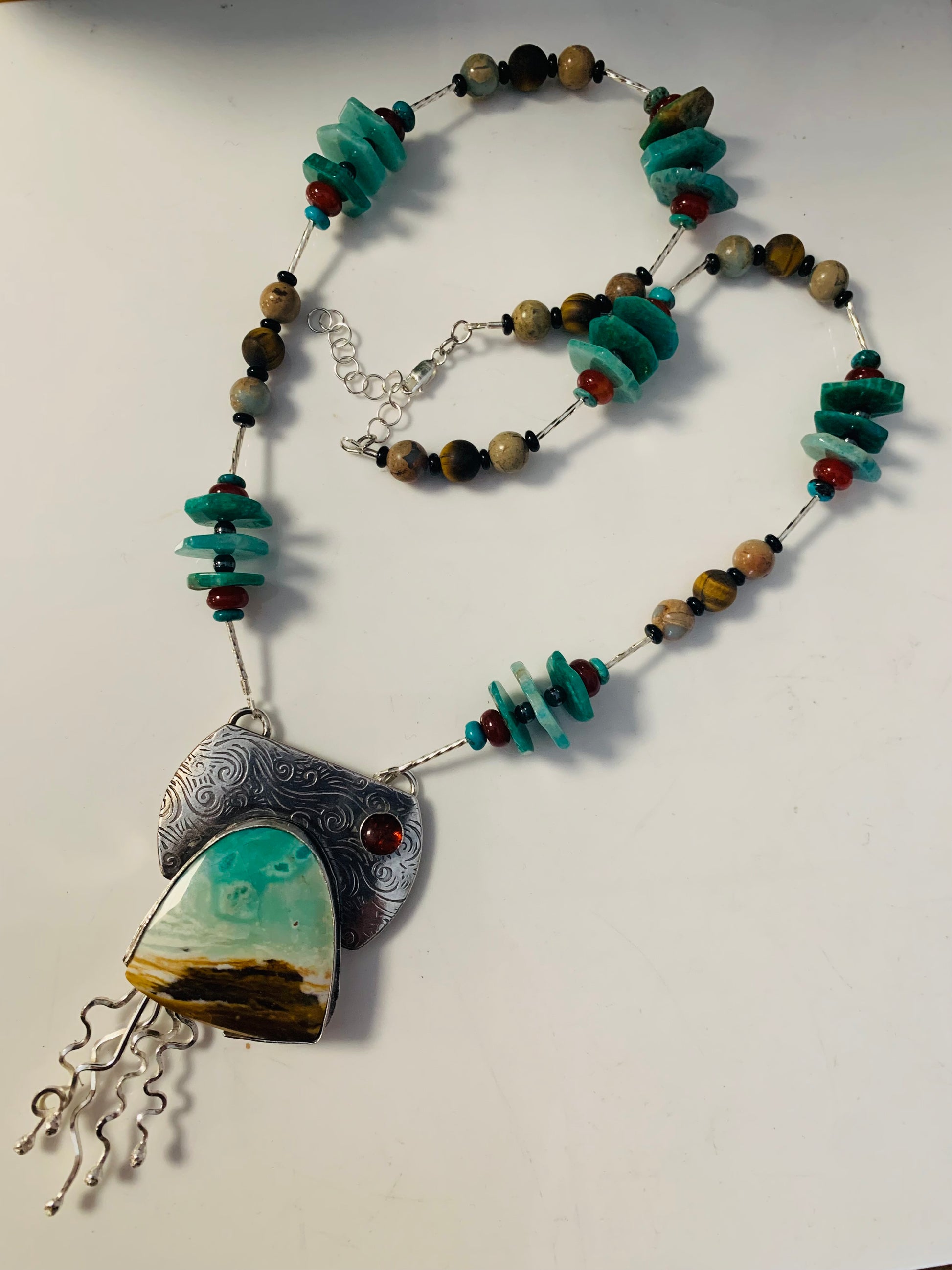 'Serenity' Blue Wood Opal Silver Pendant