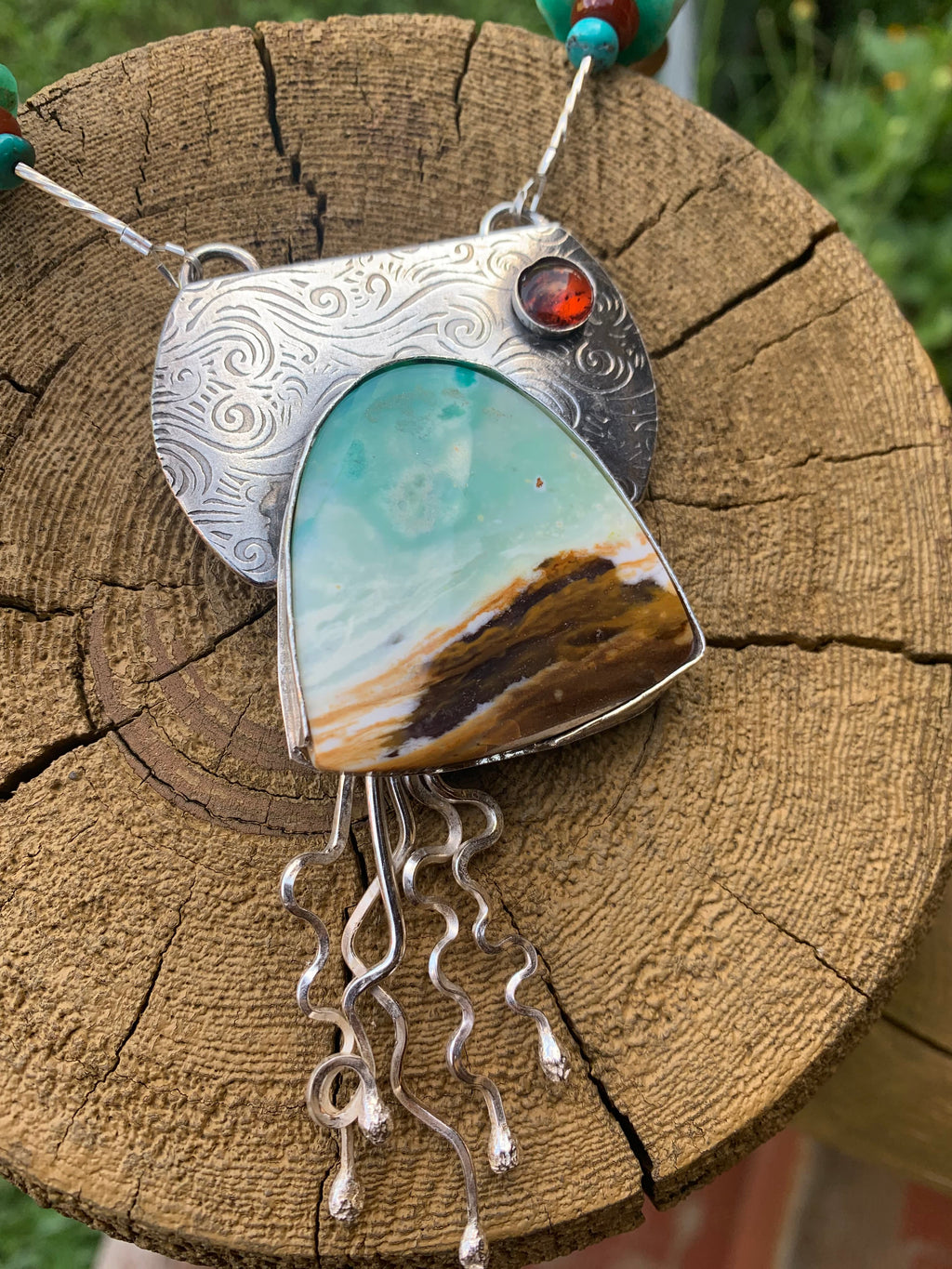 Serenity Beach Series #16 one-of-a-kind Blue Wood Opal sterling silver statement necklace by Christine Keller